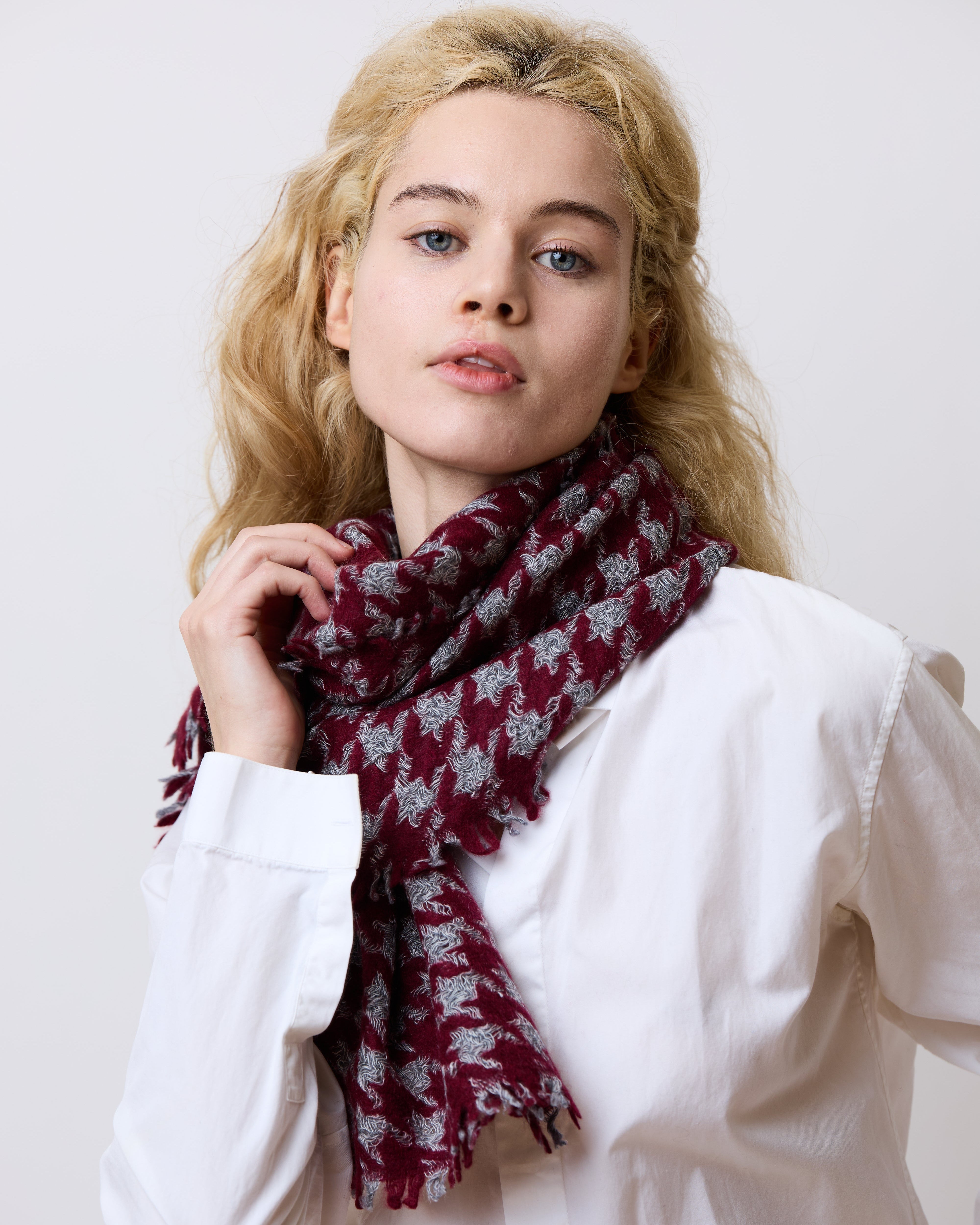 Houndstooth Cashmere Scarf - Burgundy & Dusty Blue