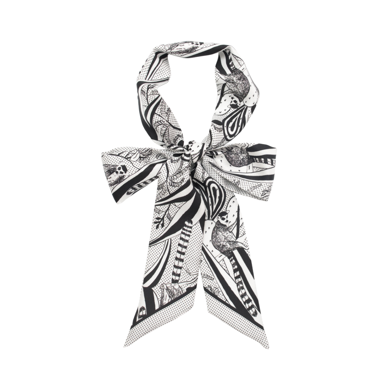"Madagascar" Silk Twill Skinny Scarf - Black & White