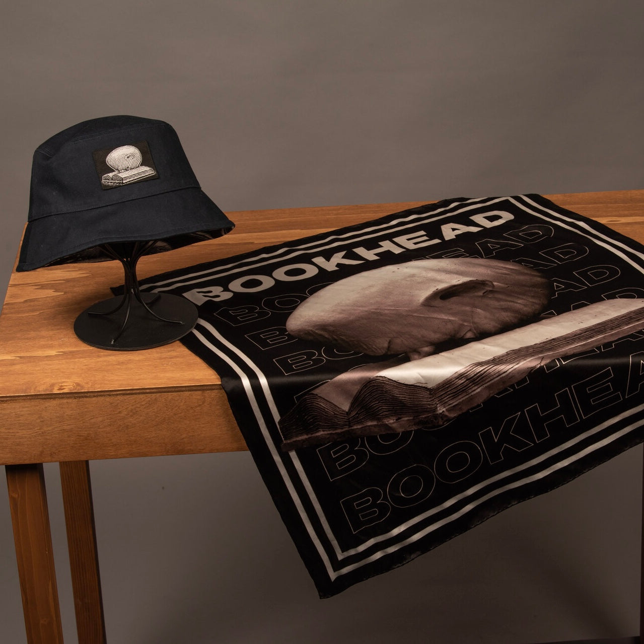 Black Bundle: Black "Bookhead" Bucket Hat & Silk Scarf