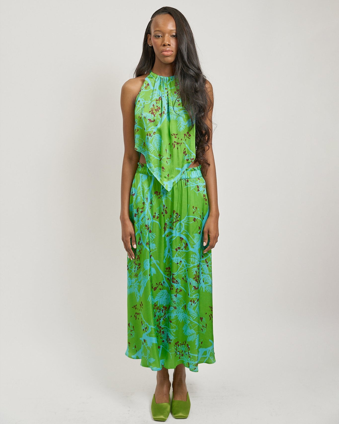 "Coco Dream" Satin Midi Skirt - Green