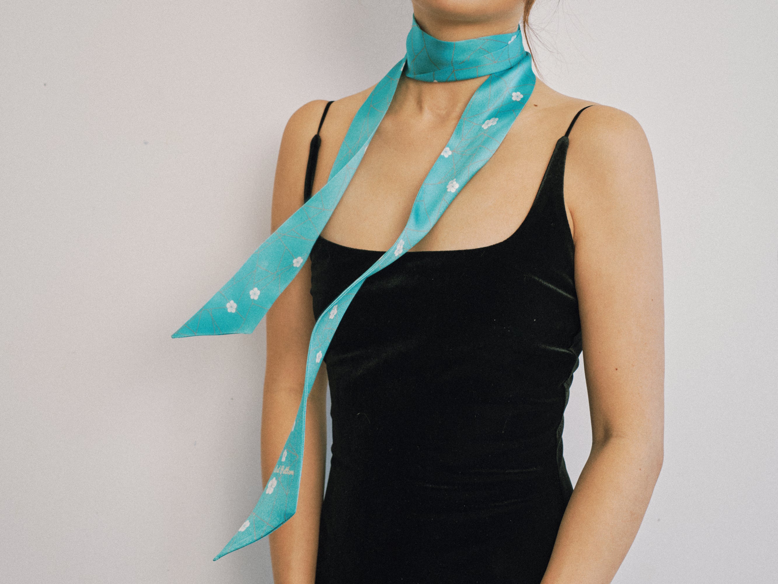 "Almond Blossom" Silk Skinny Scarf - Turquoise