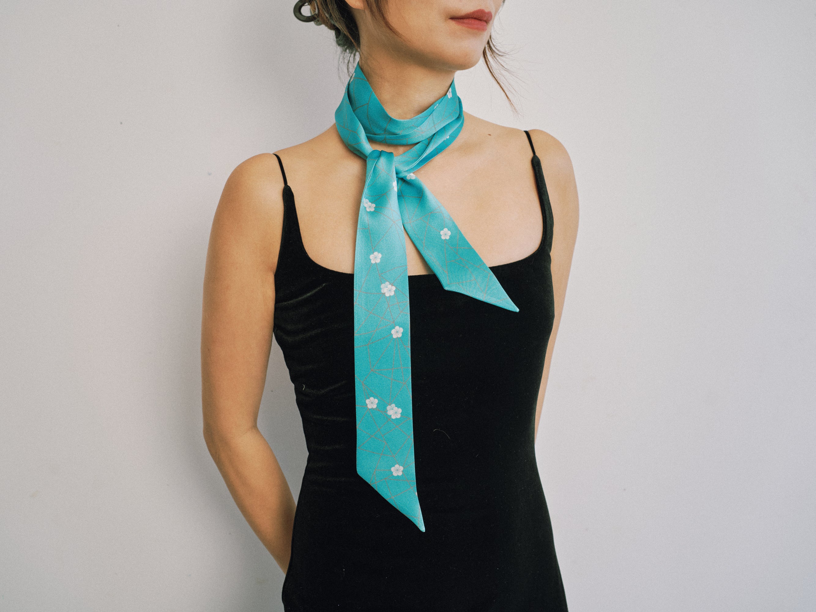 "Almond Blossom" Silk Skinny Scarf - Turquoise