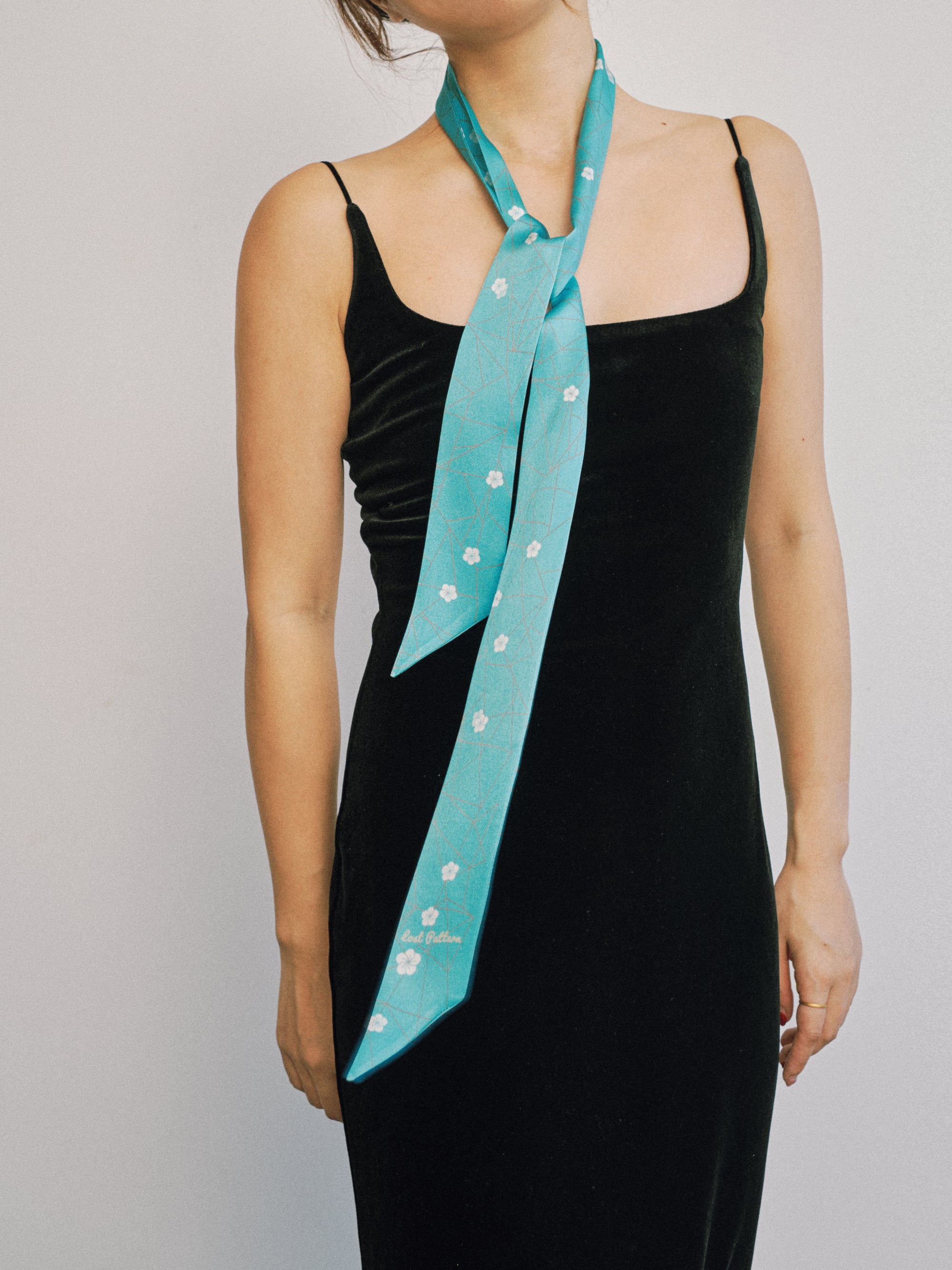 "Almond Blossom" Silk Skinny Scarf - Turquoise