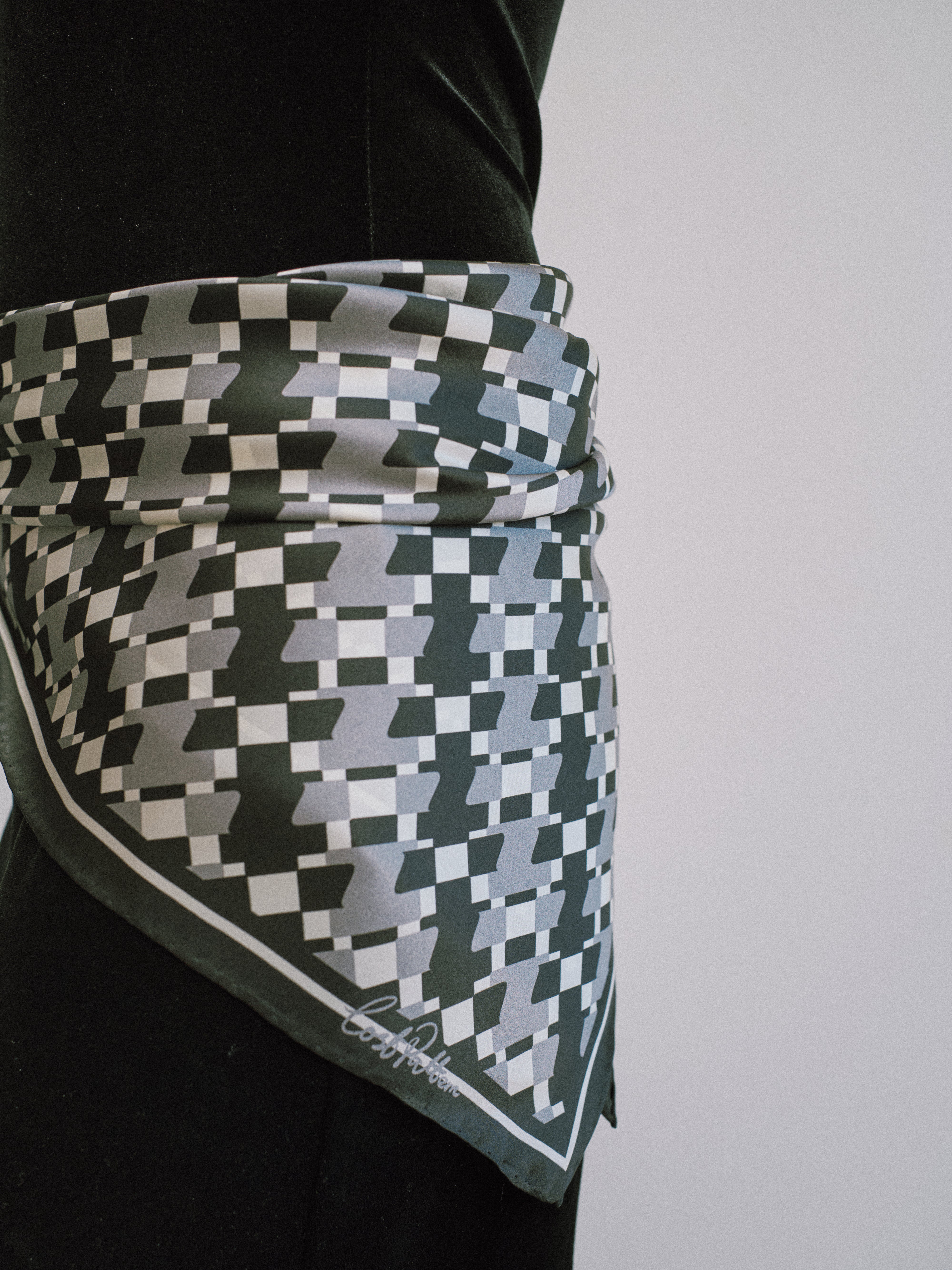 "Houndstooth Moderne" Silk Bandana Scarf - Grey