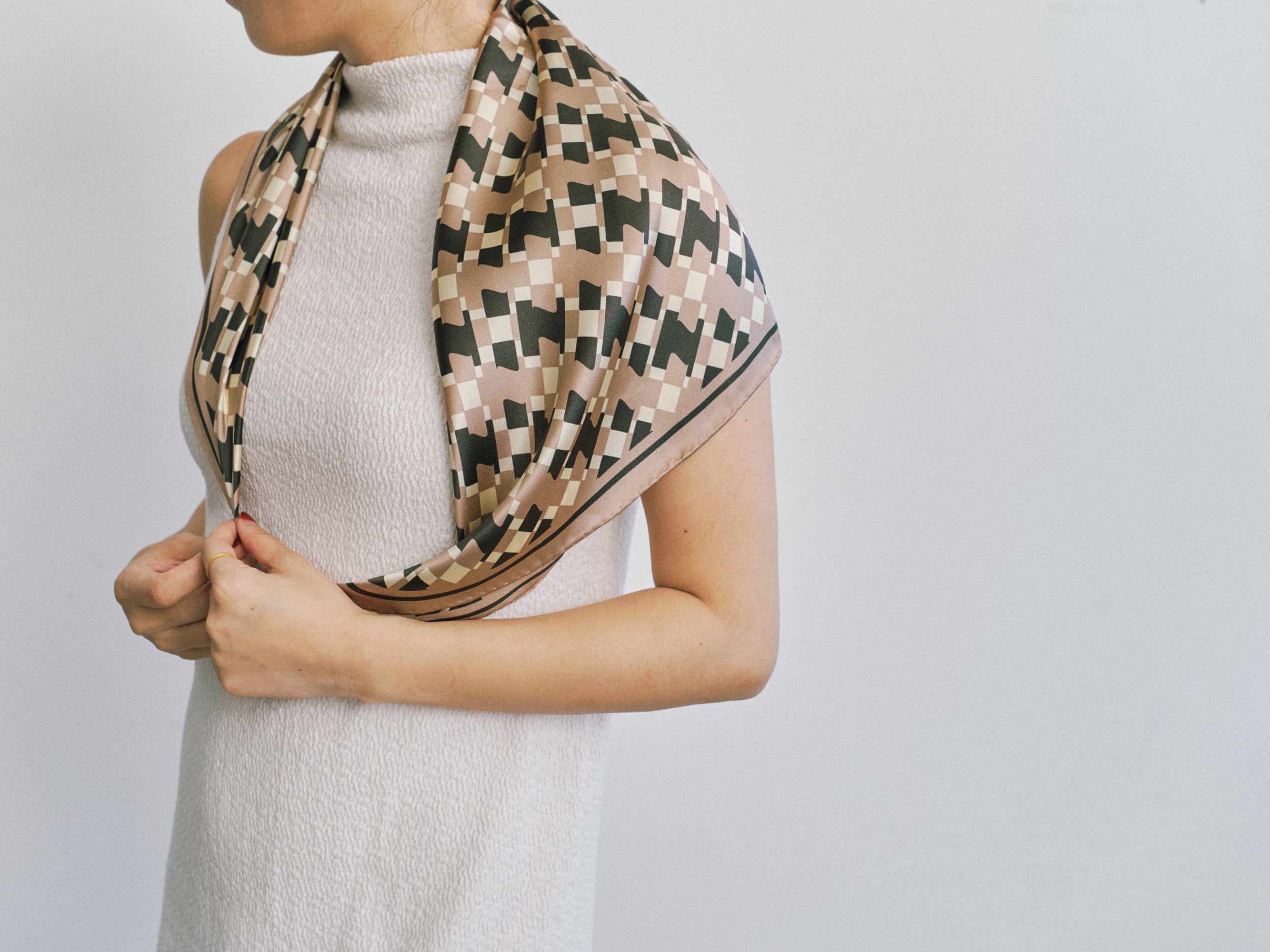 “Houndstooth Moderne” Silk Bandana Scarf - Coffee