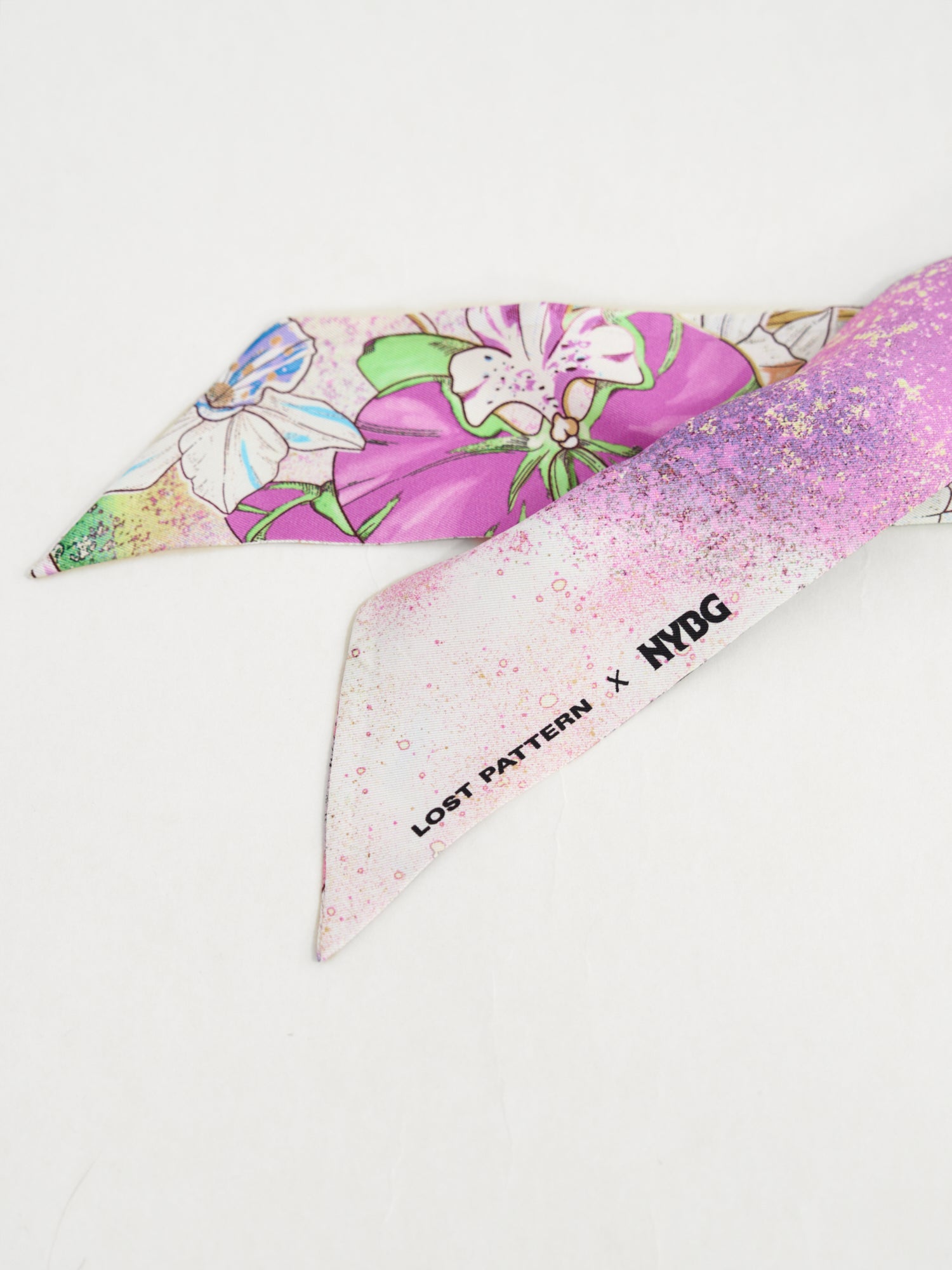 LOST PATTERN X NYBG "Orchid Neon" Silk Twill Skinny Scarf- Purple & Green