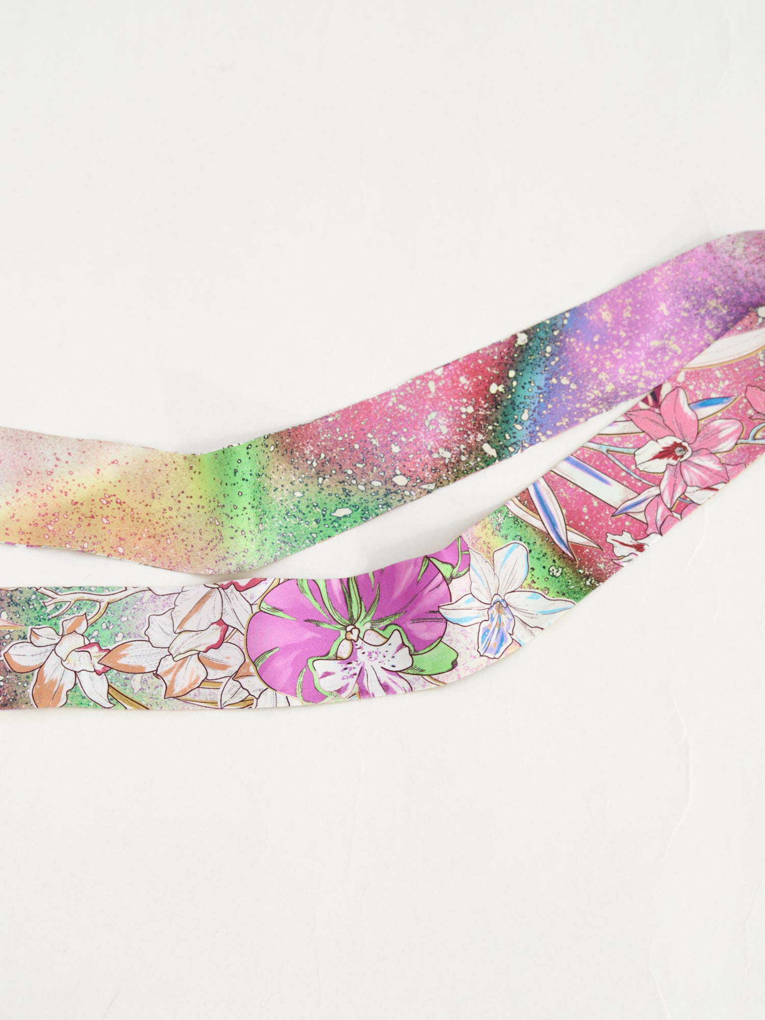 LOST PATTERN X NYBG "Orchid Neon" Silk Twill Skinny Scarf- Purple & Green