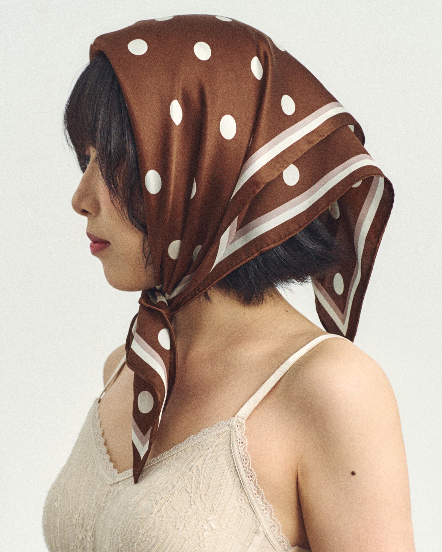 "Retro Polka" Silk Bandana Scarf - Cafe Au Lait