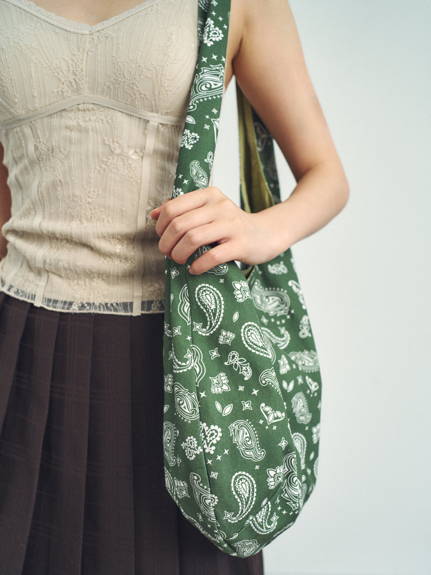 "Paisley" Cotton Hobo Shoulder Bag - Sagebrush Green