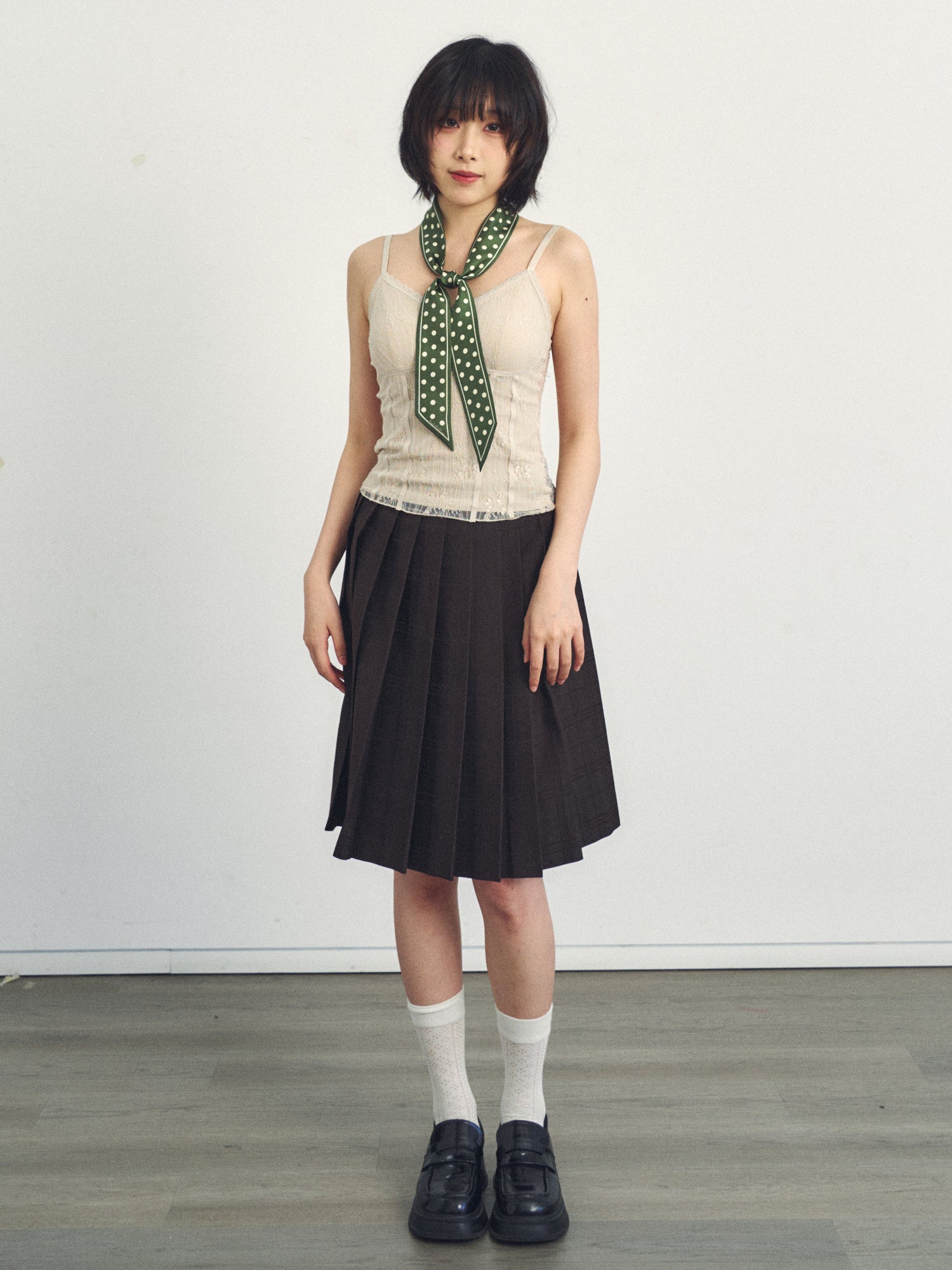 "Retro Polka" Silk Skinny Scarf - Dark Green