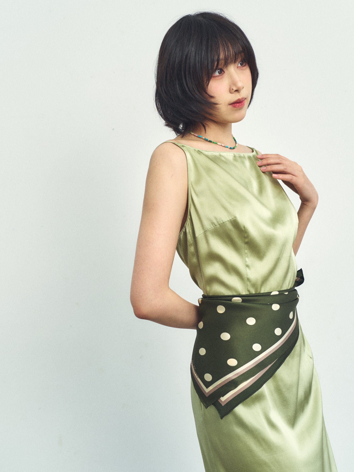 "Retro Polka" Silk Bandana Scarf - Matcha