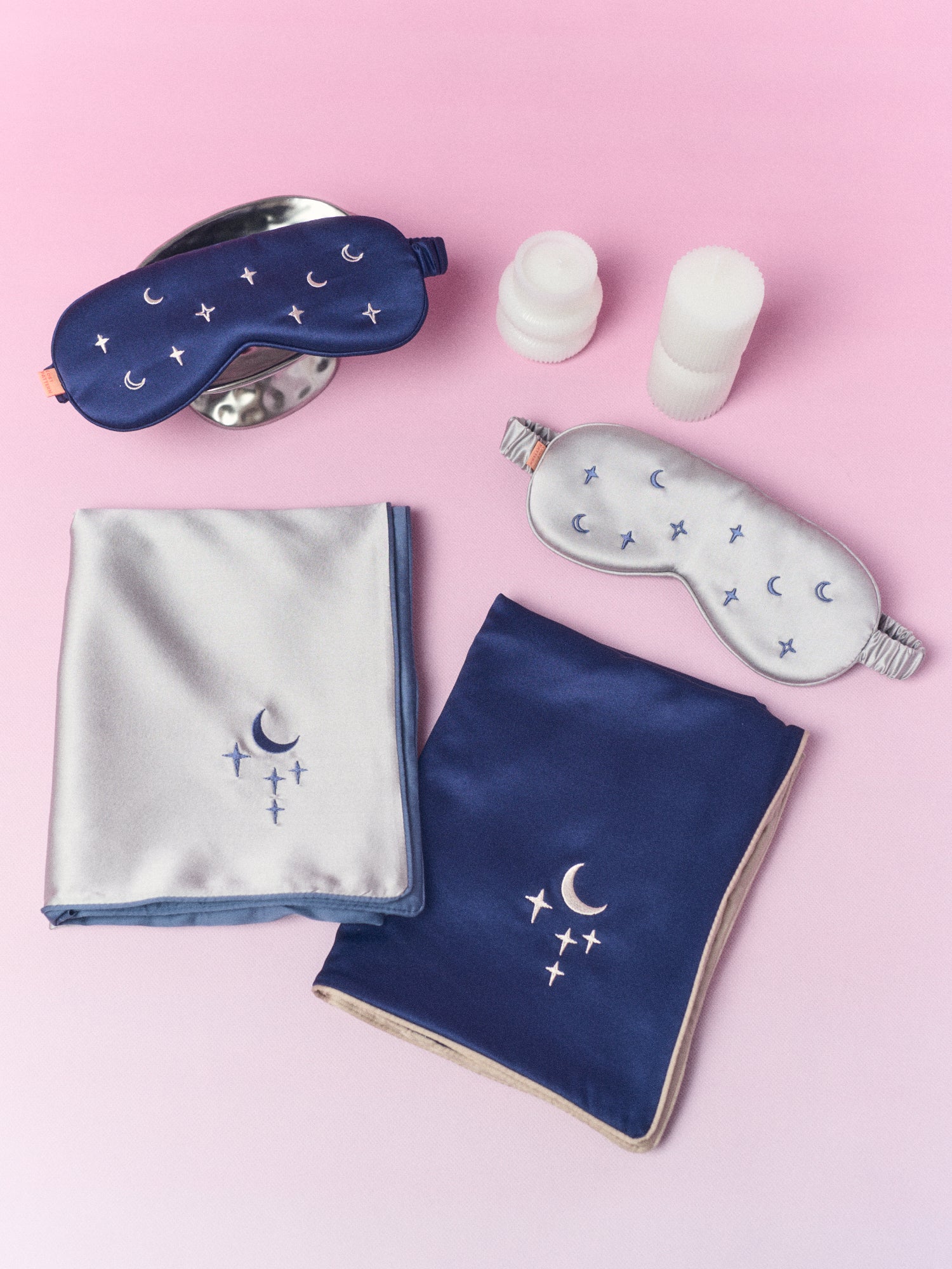 "Moonlit Stars" Silk 2 Piece Gift Set: Silk Pillowcase & Silk Sleep Eye Mask - Navy