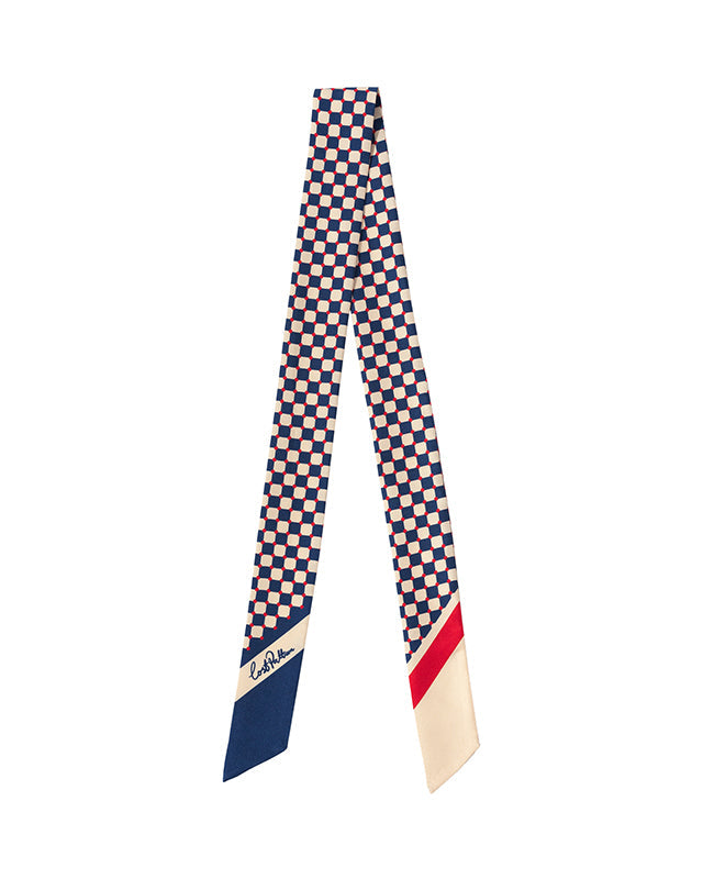 "Checkerboard" Twill Skinny Scarf - Blue - Blue - LOST PATTERN Silk Skinny Scarf
