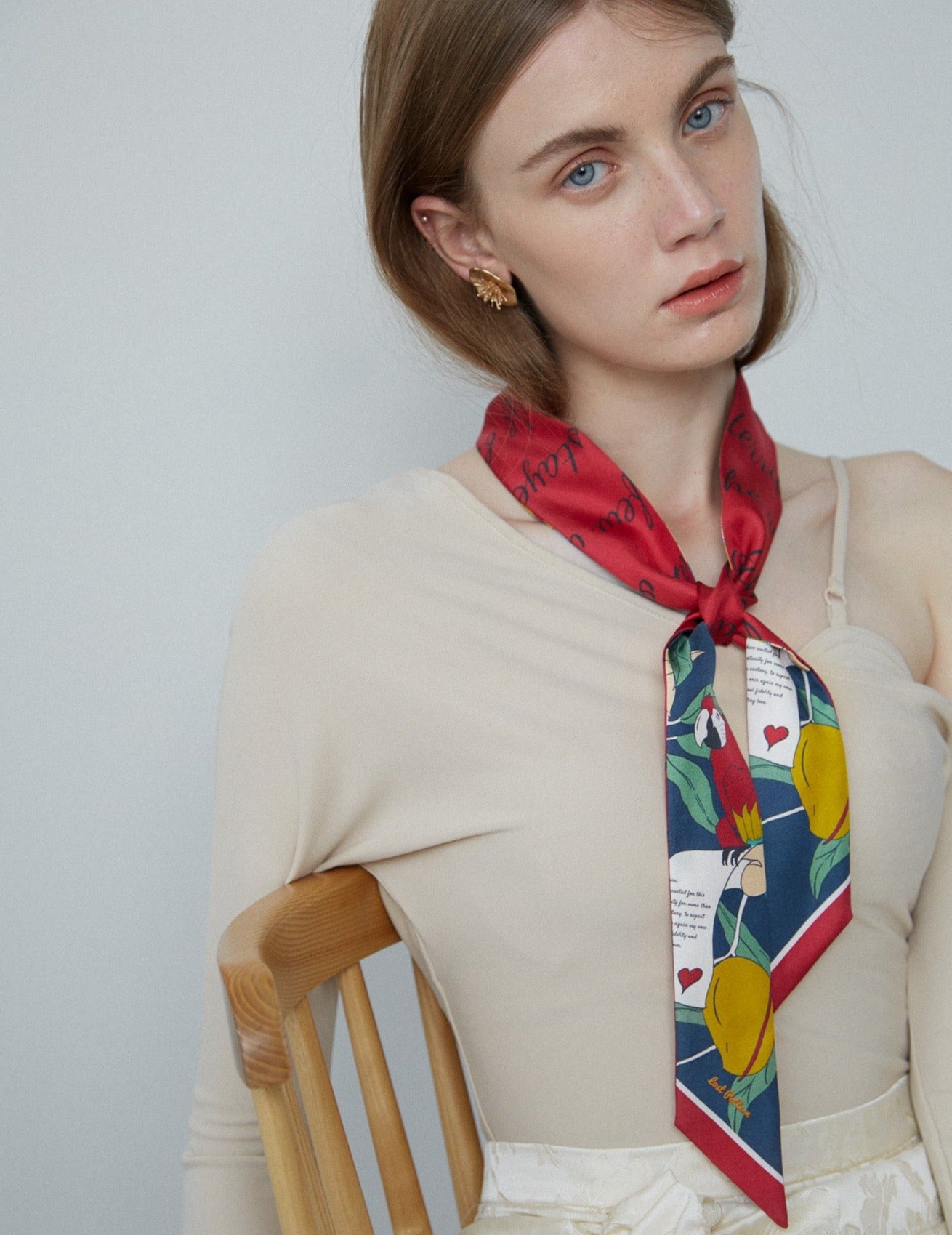 "El Amor" Silk Twill Skinny Scarf- Tropical Red & Blue - Tropical Red & Blue - LOST PATTERN Silk Skinny Scarf