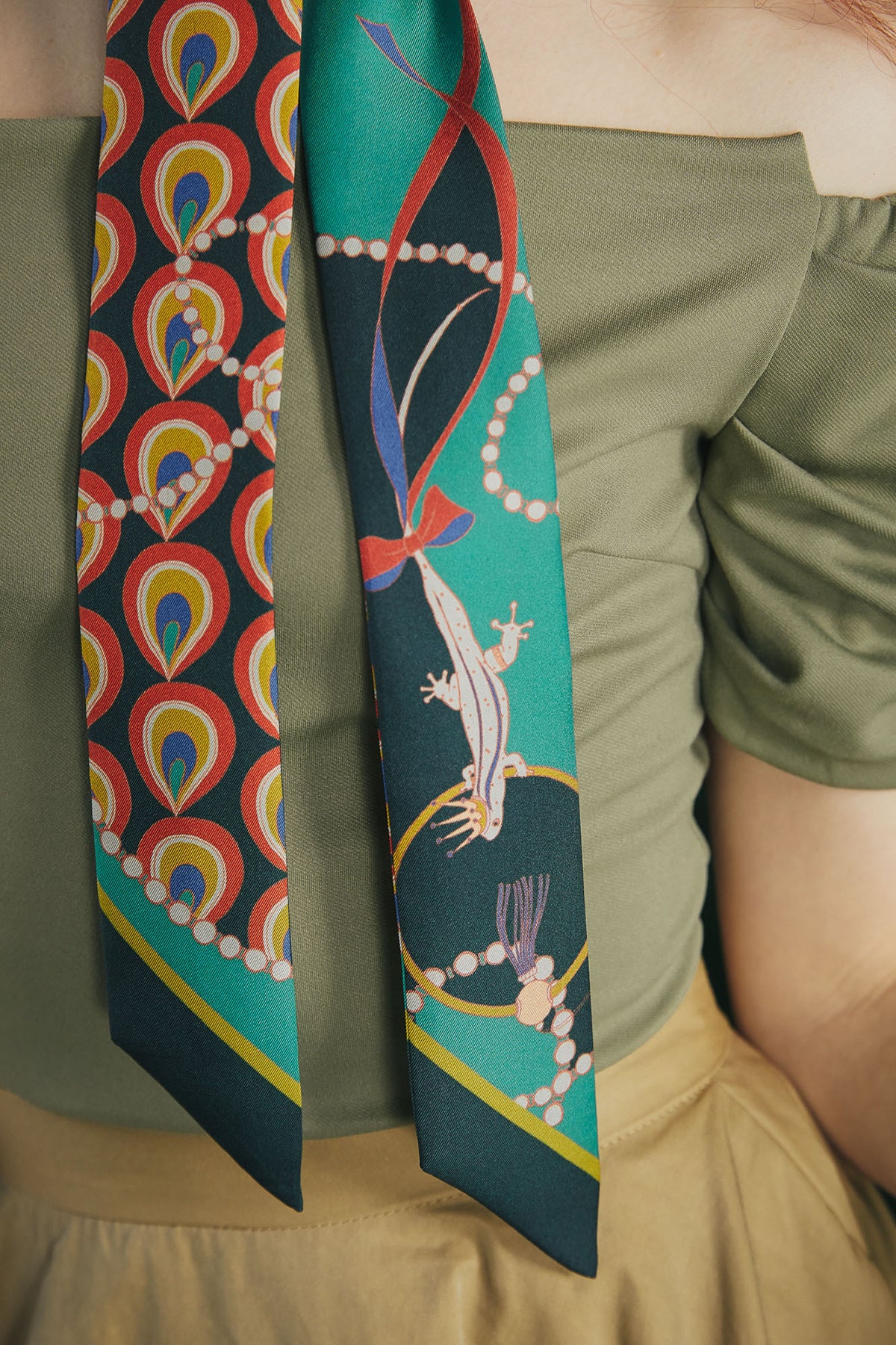 "Peacock" Silk Twill Skinny Scarf - Teal Green - LOST PATTERN Silk Skinny Scarf