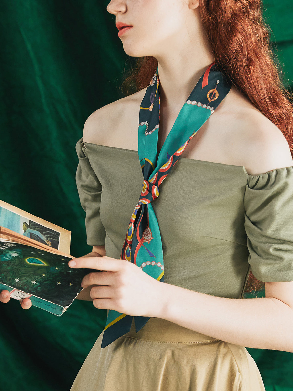 "Peacock" Silk Twill Skinny Scarf - Teal Green - LOST PATTERN Silk Skinny Scarf