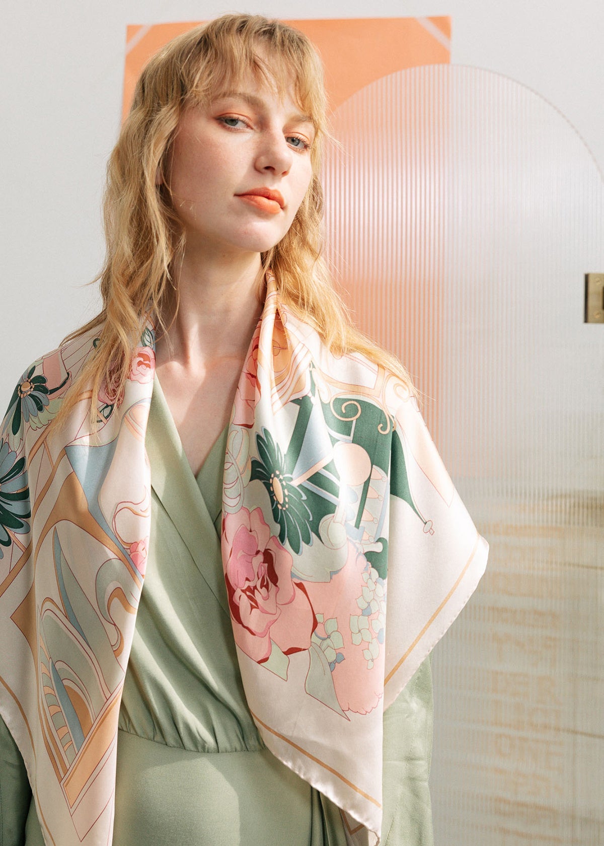 "Vintage Blooms" Large Silk Square Scarf - Champagne - LOST PATTERN Silk Square Scarf