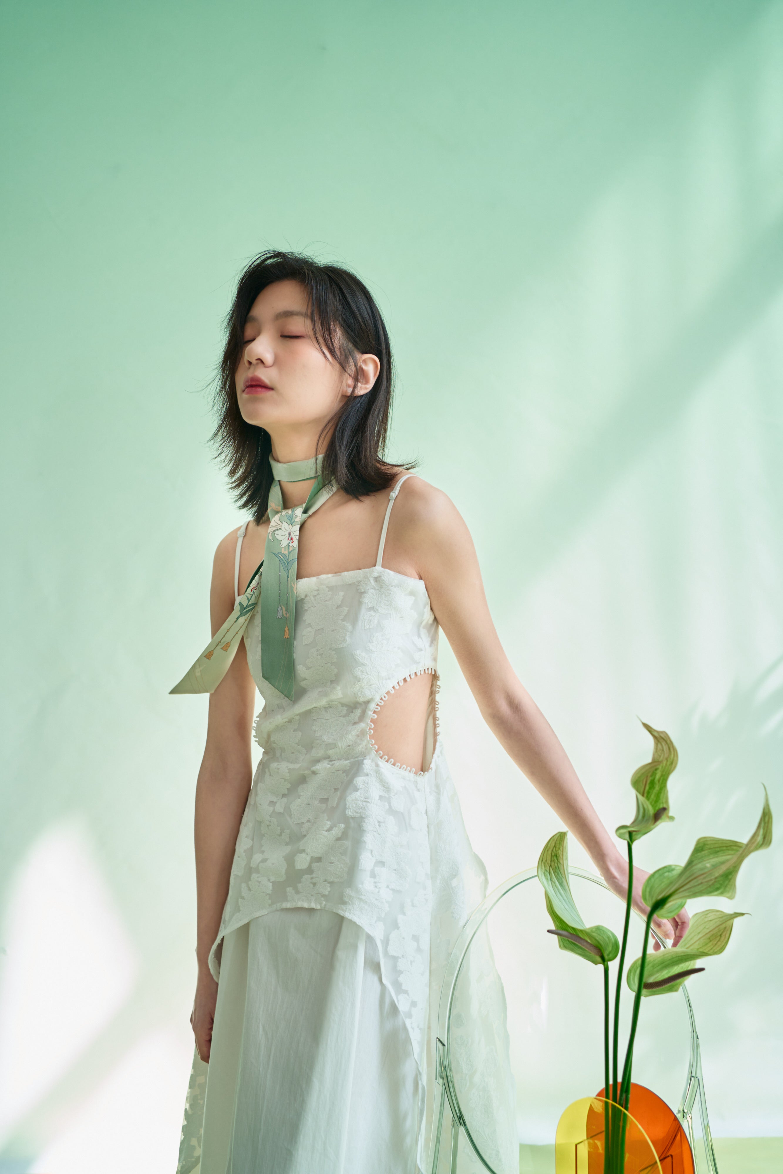 "Lily" Silk Skinny Scarf - Green - LOST PATTERN Silk Skinny Scarf