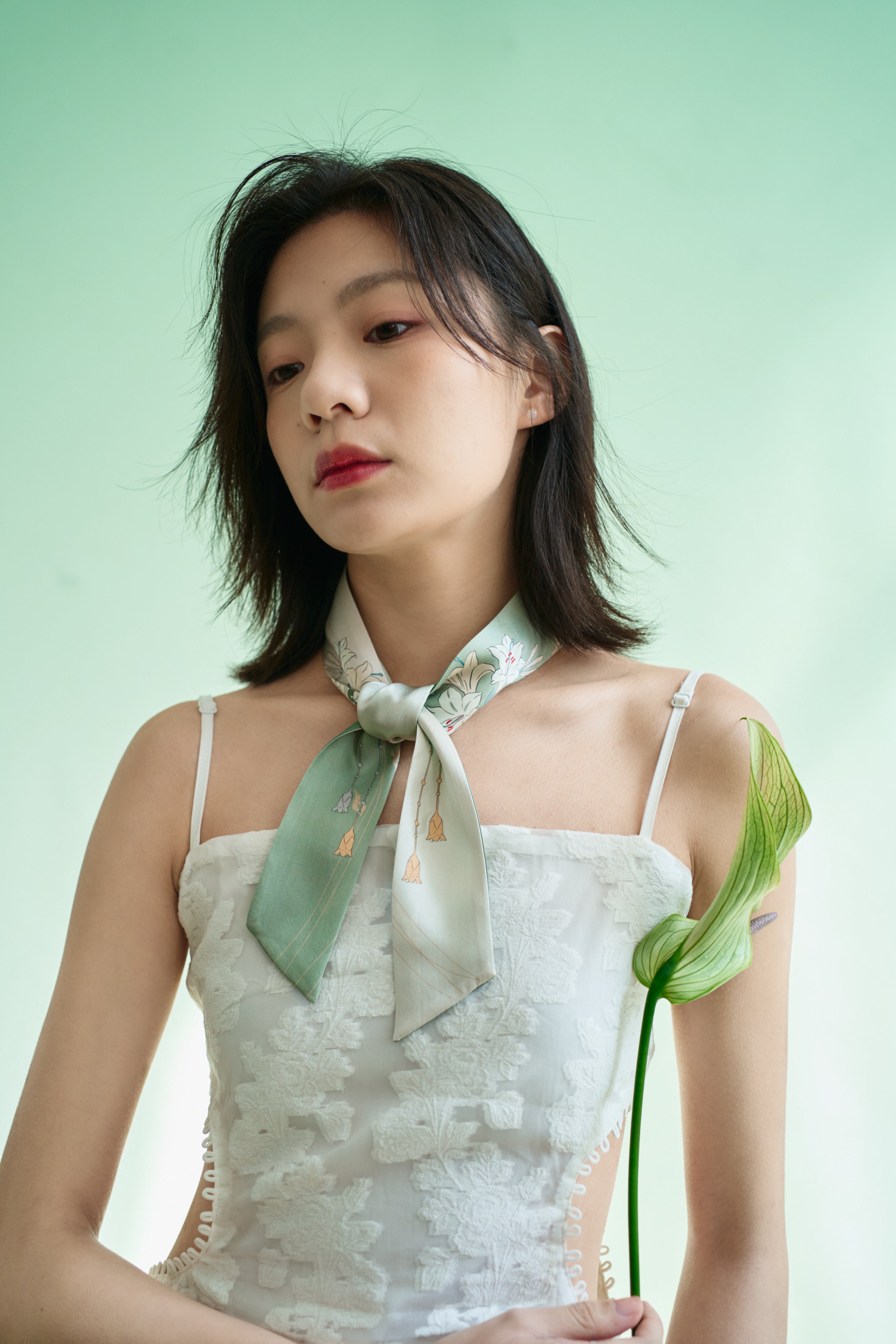 "Lily" Silk Skinny Scarf - Green - LOST PATTERN Silk Skinny Scarf