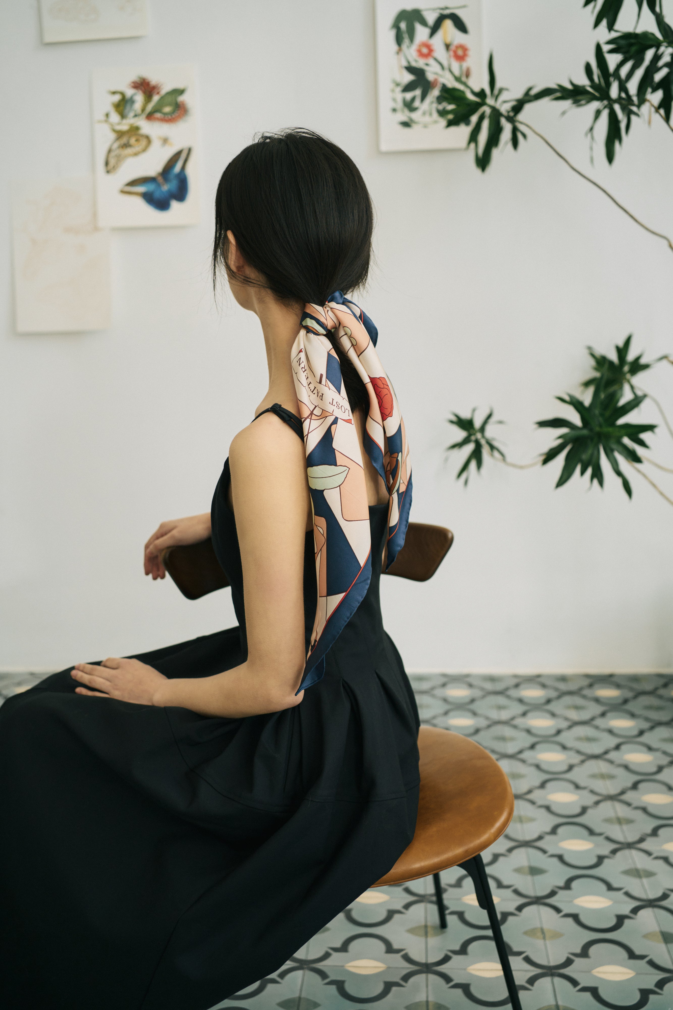 "Camellia" Silk Bandana Scarf - Dark Blue - LOST PATTERN Silk Square Scarf