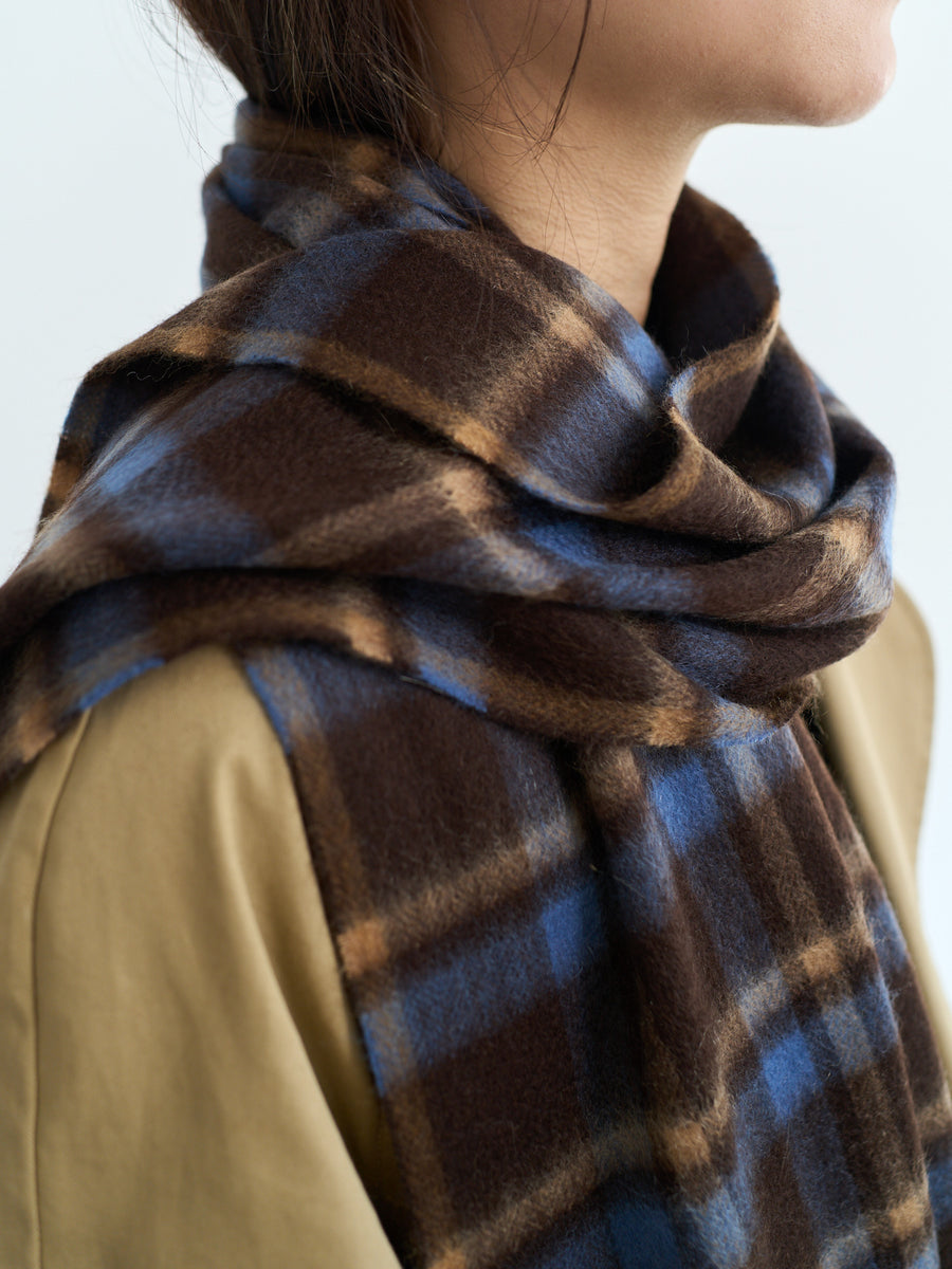 Cashmere Scarf with Classic Plaid & Fringe in Mocha, Blue, & Black