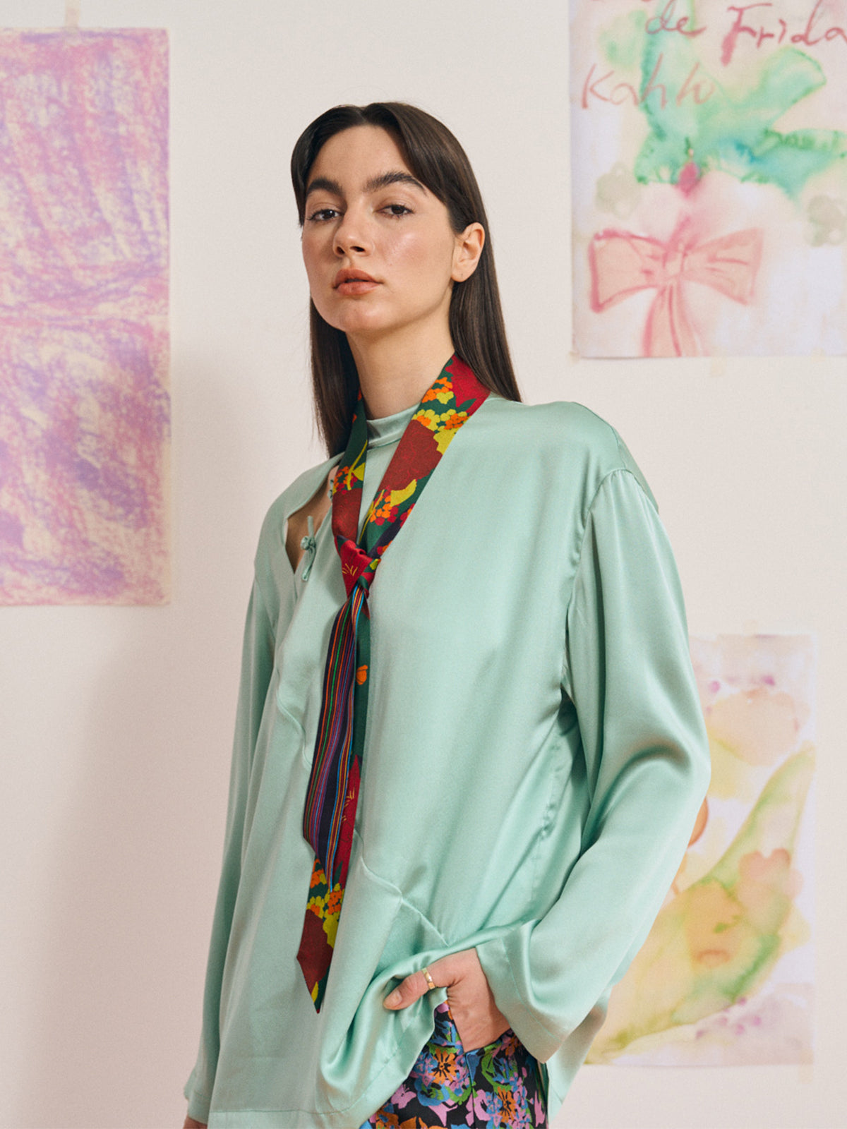 FRIDA x LOST PATTERN "Frida's Garden" Silk Skinny Scarf - Purple - LOST PATTERN Silk Skinny Scarf