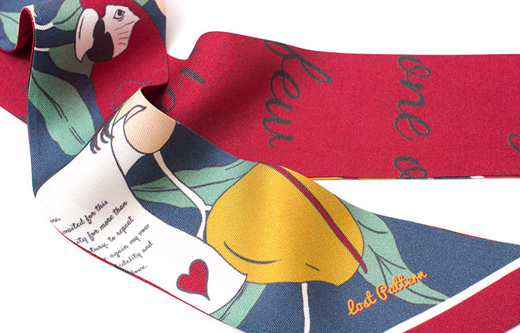 "El Amor" Silk Twill Skinny Scarf- Tropical Red & Blue - Tropical Red & Blue - LOST PATTERN Silk Skinny Scarf