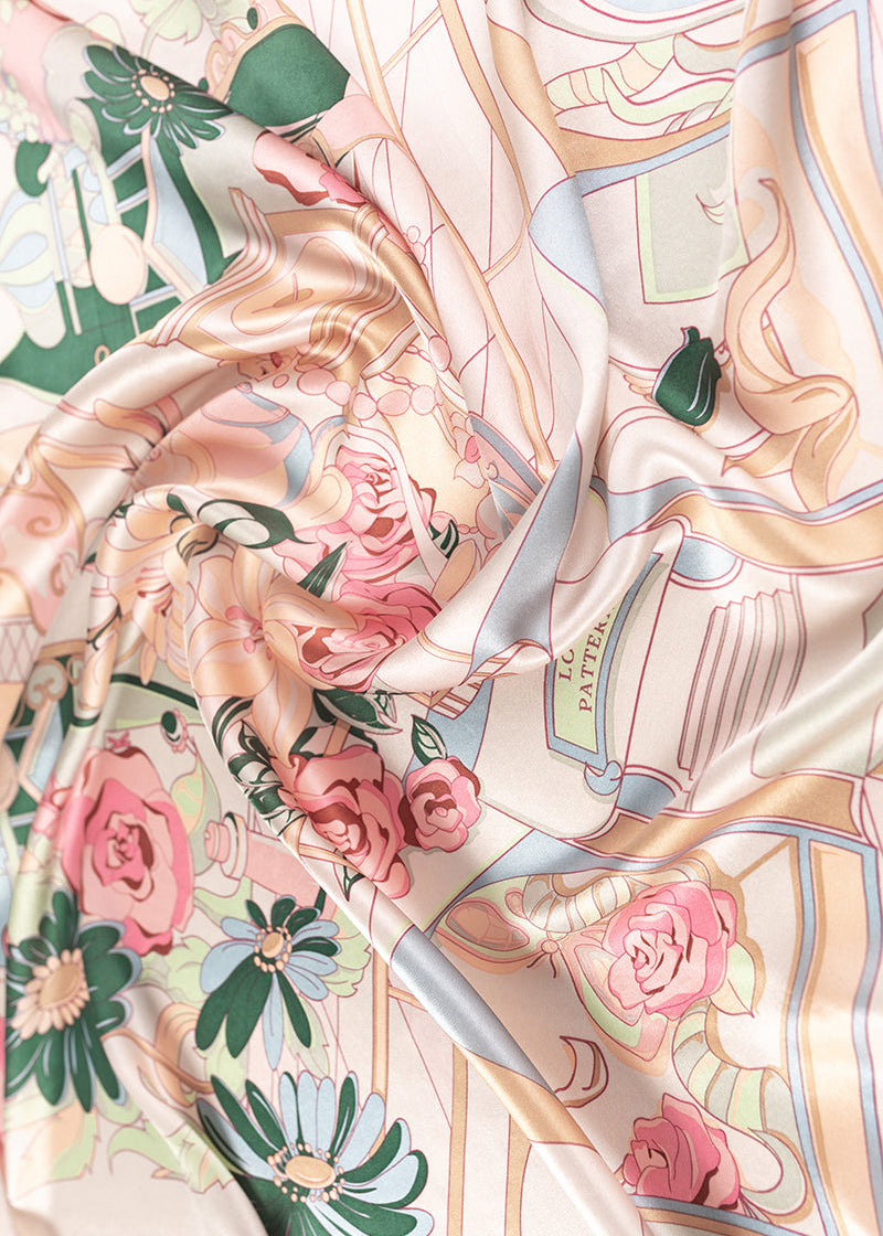 "Vintage Blooms" Large Silk Square Scarf - Champagne - LOST PATTERN Silk Square Scarf