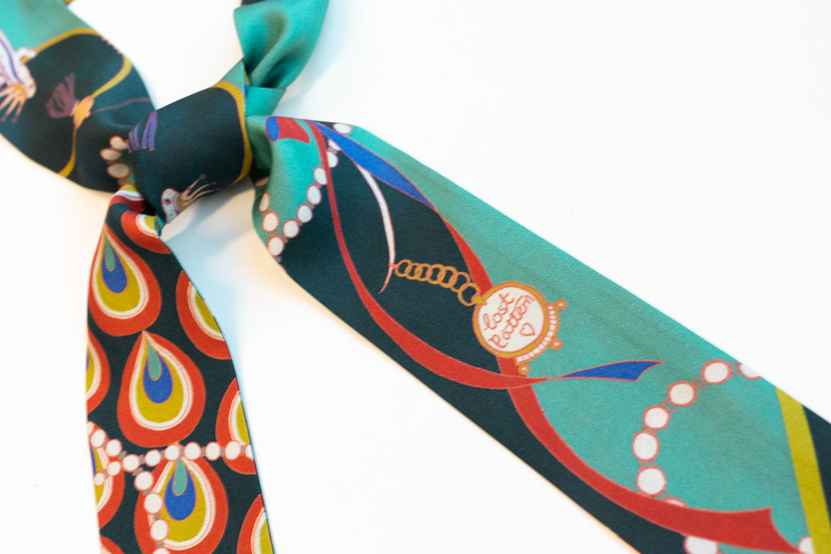 "Peacock" Silk Twill Skinny Scarf - Teal Green - LOST PATTERN Silk Skinny Scarf