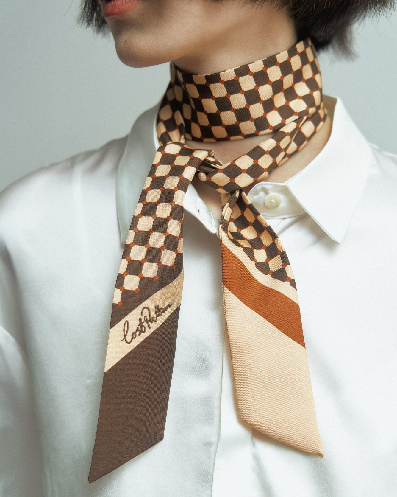 "Checkerboard" Twill Skinny Scarf - Coffee - Coffee - LOST PATTERN Silk Skinny Scarf