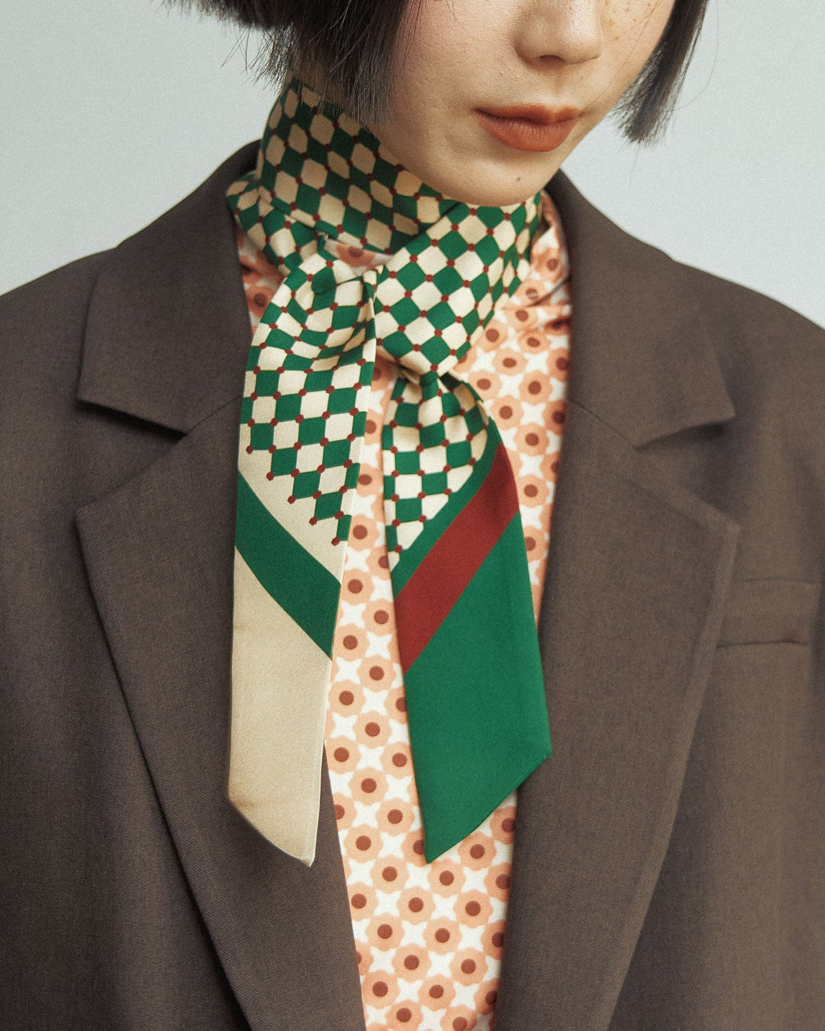 "Checkerboard" Twill Skinny Scarf - Green - Green - LOST PATTERN Silk Skinny Scarf