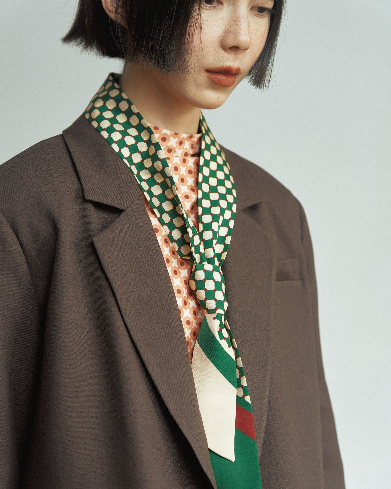 "Checkerboard" Twill Skinny Scarf - Green - Green - LOST PATTERN Silk Skinny Scarf