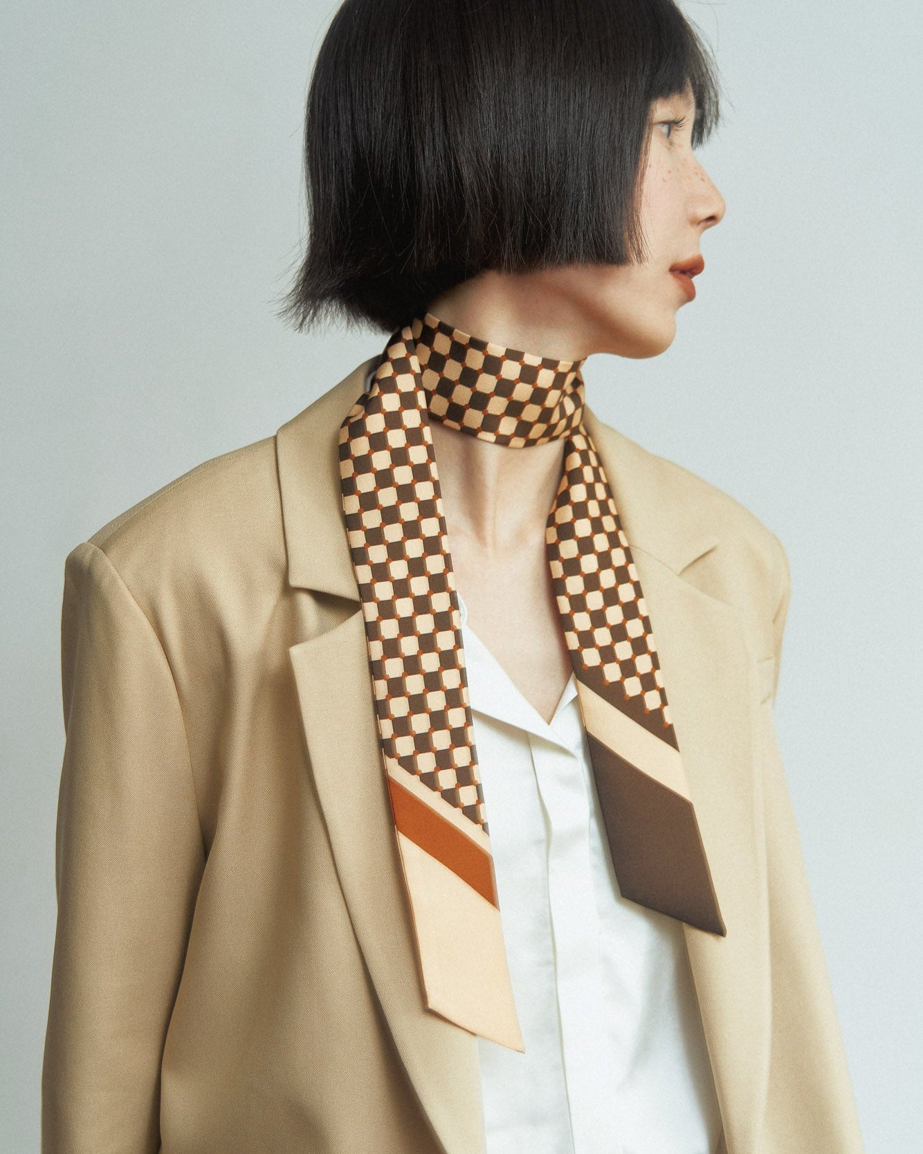 "Checkerboard" Twill Skinny Scarf - Coffee - Coffee - LOST PATTERN Silk Skinny Scarf