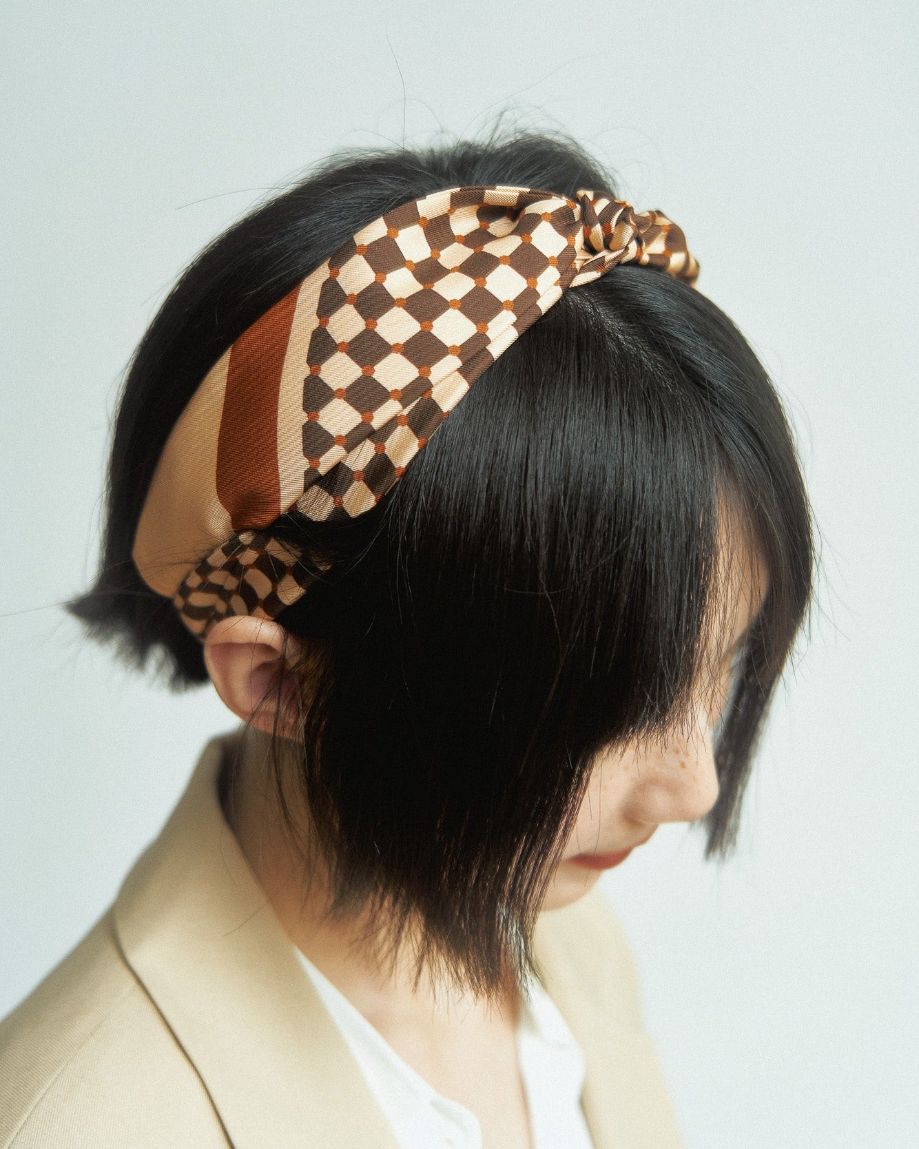 "Checkerboard" Twill Skinny Scarf - Coffee - Coffee - LOST PATTERN Silk Skinny Scarf