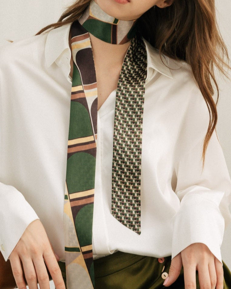 "Modular" Silk Skinny Scarf - Green - LOST PATTERN Silk Skinny Scarf