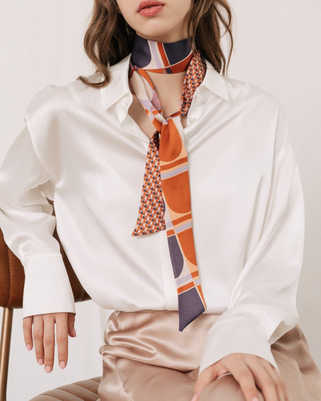 "Modular" Silk Skinny Scarf - Orange - LOST PATTERN Silk Skinny Scarf