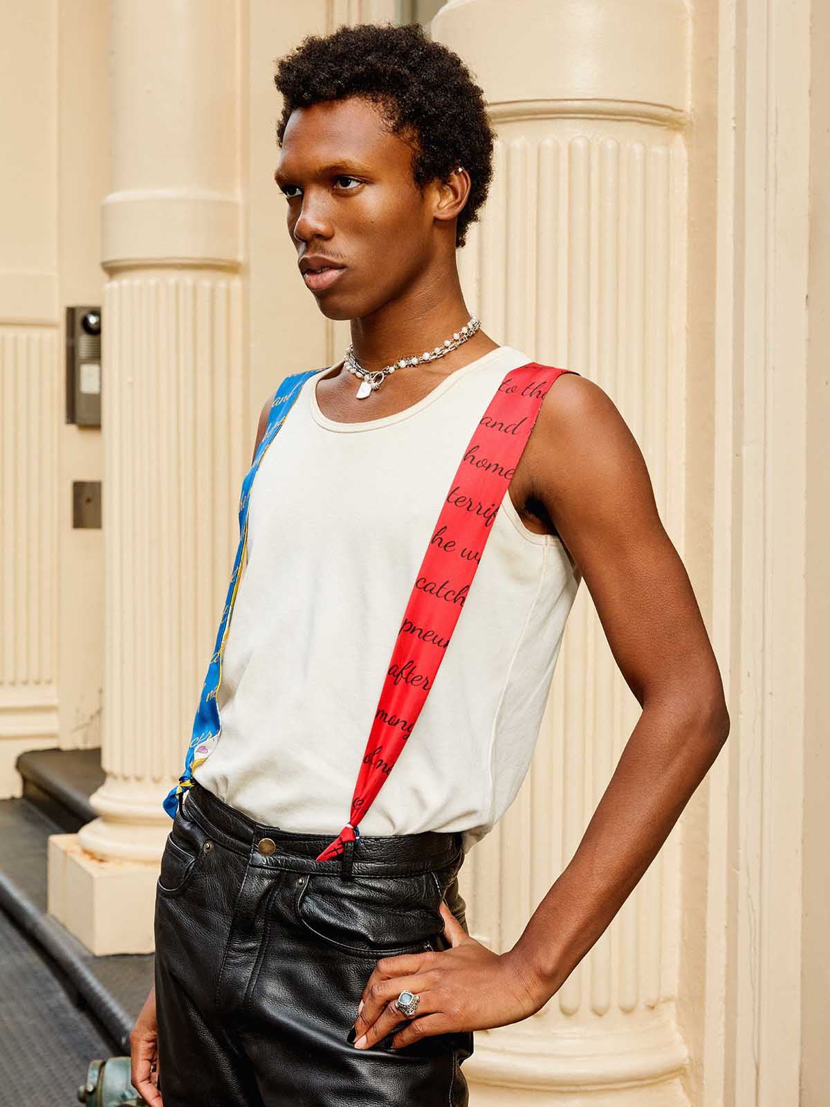 "El Amor" Silk Twill Skinny Scarf- Tropical Red & Blue - Tropical Red & Blue - LOST PATTERN Silk Skinny Scarf