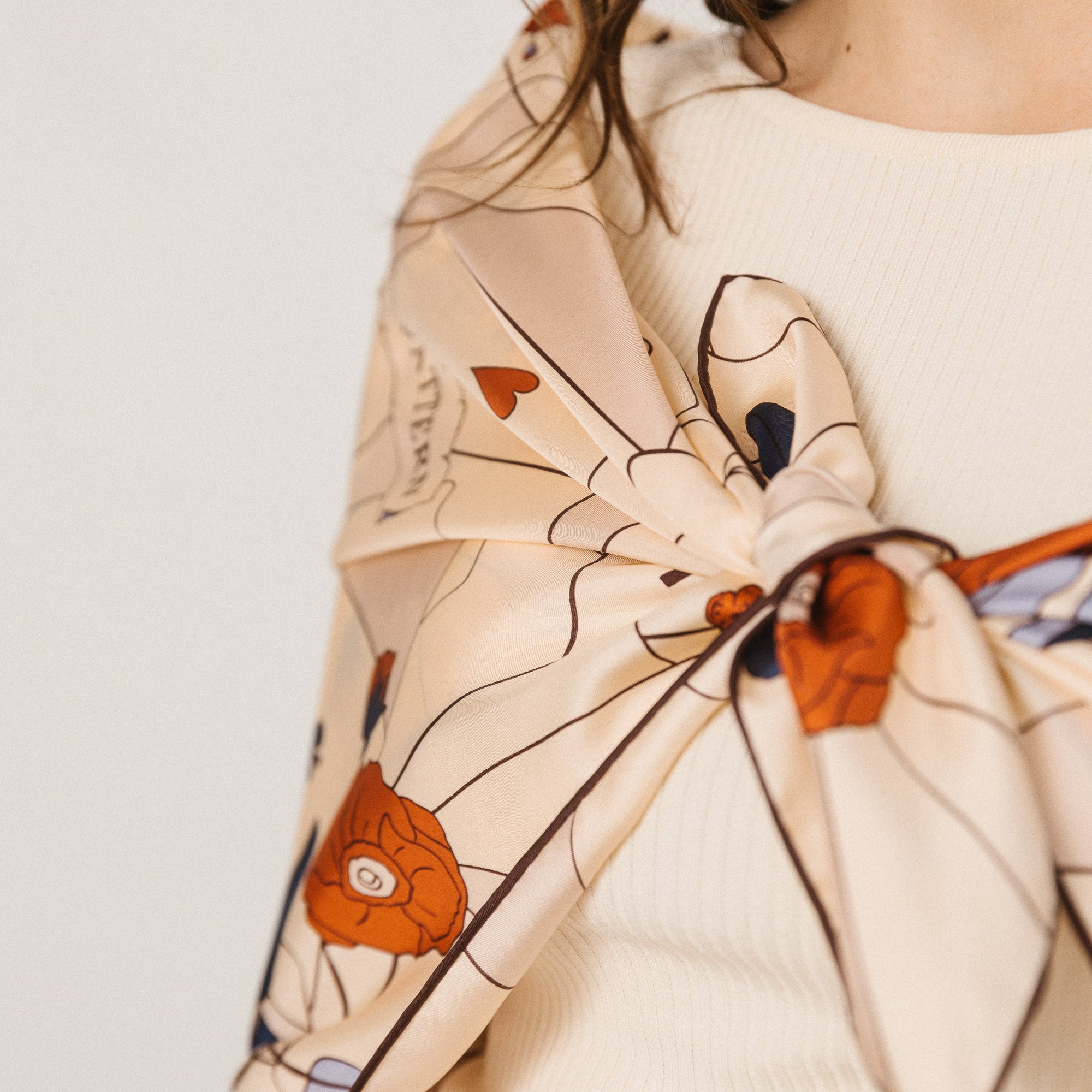 "Camellia" Large Silk Square Scarf - Khaki - Khaki - LOST PATTERN Silk Square Scarf