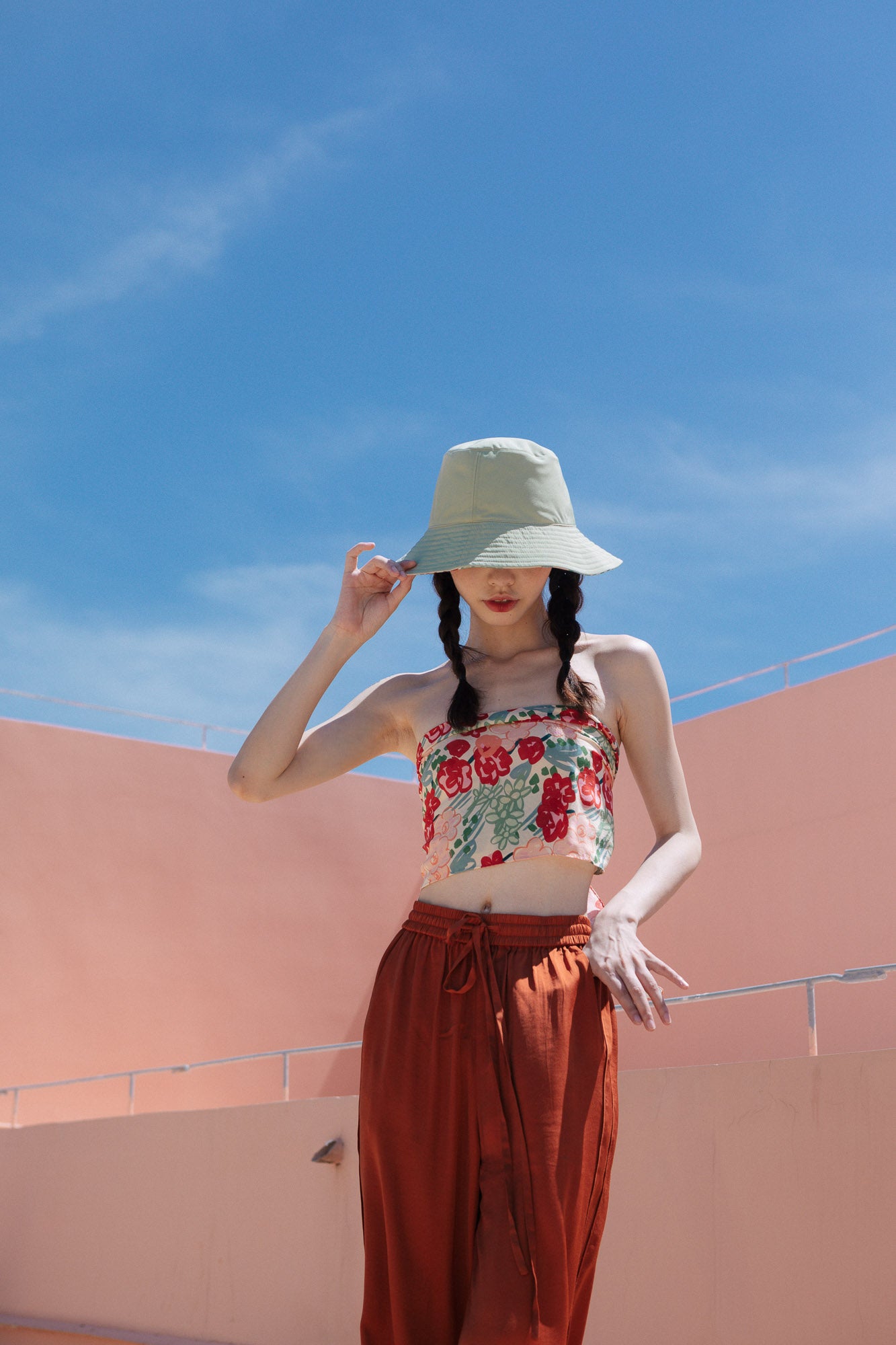 "Garden Chic" Reversible Floral Bucket Hat - Red & Pink & Green - LOST PATTERN Hats