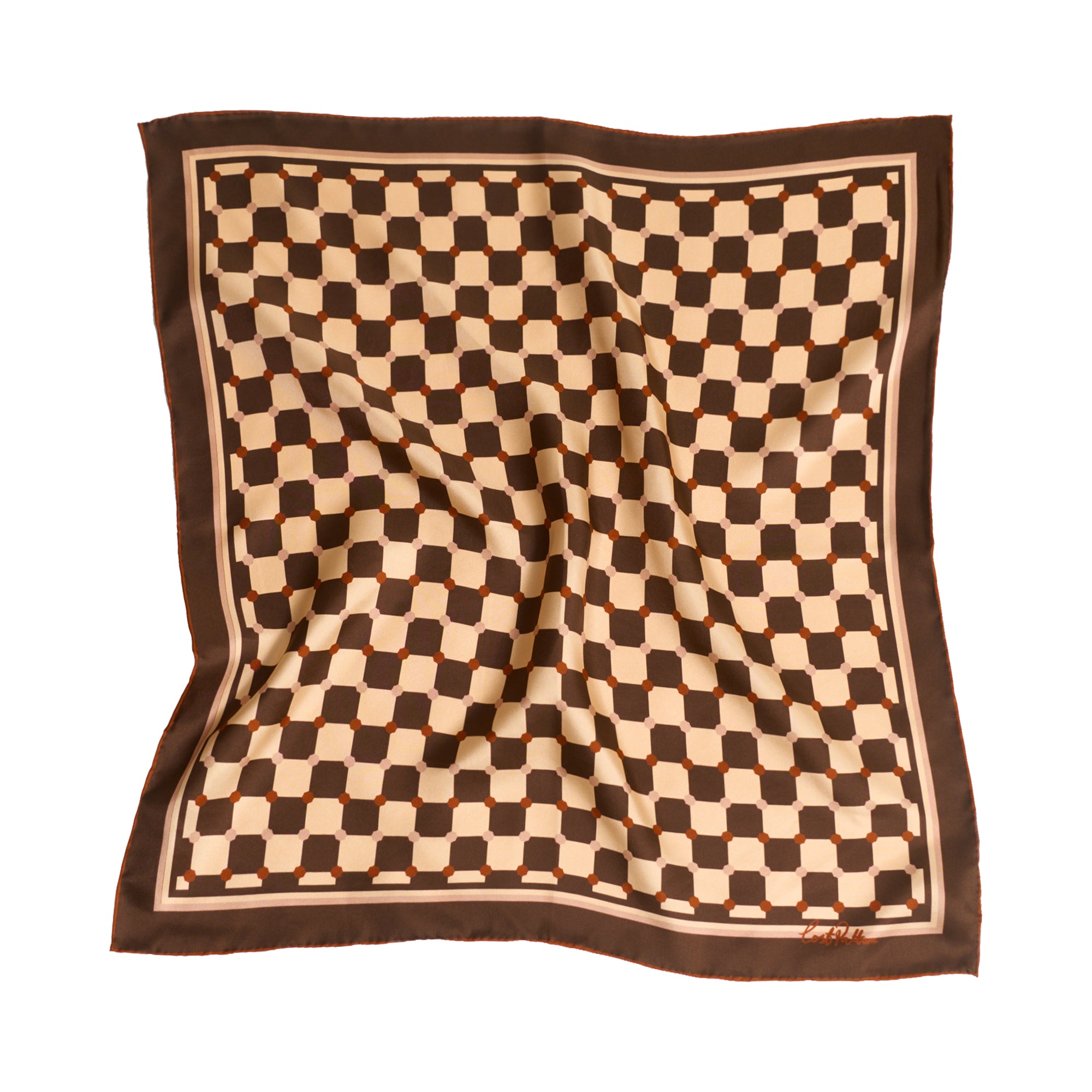 "Checkerboard" Silk Bandana Scarf - Coffee - Coffee - LOST PATTERN Silk Square Scarf