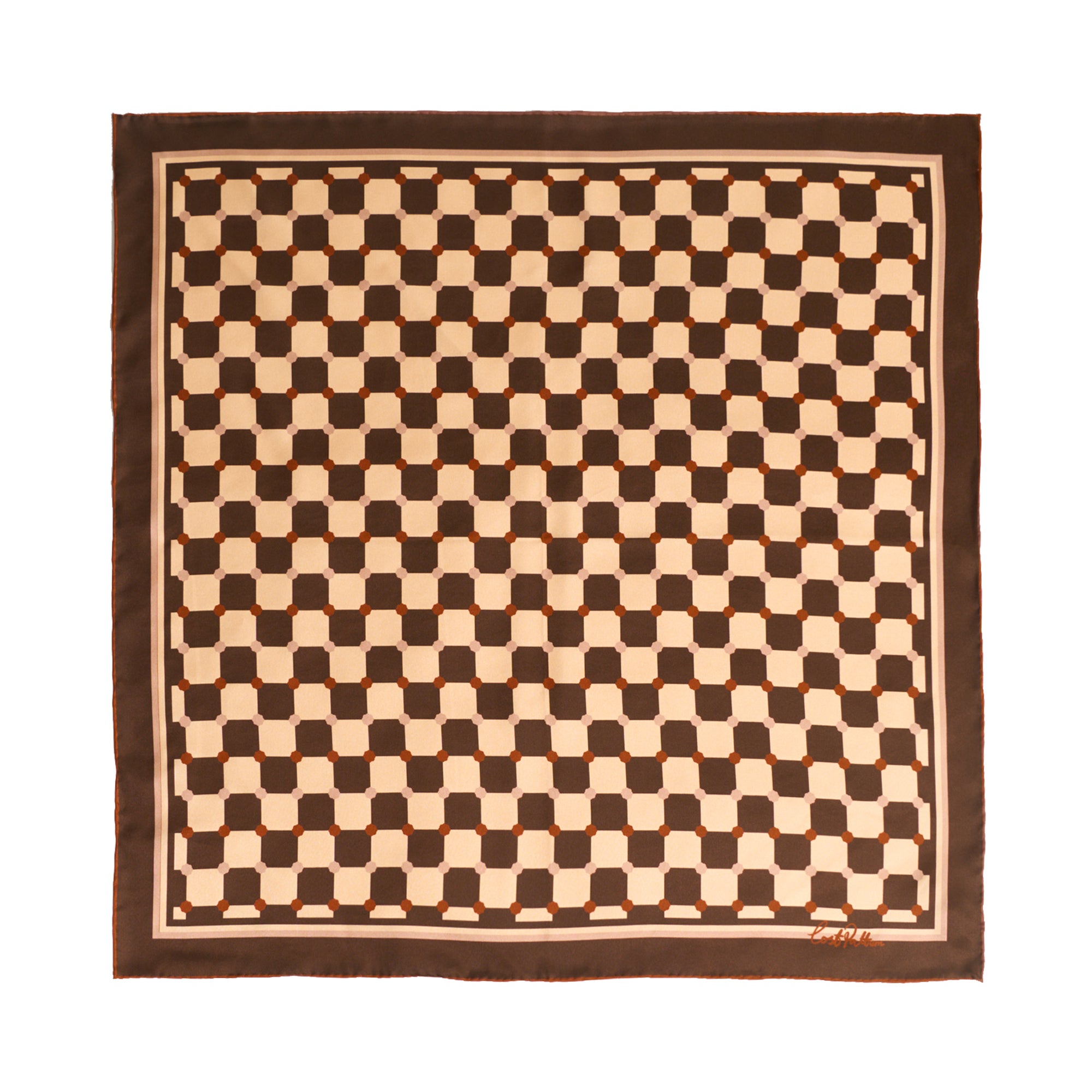 "Checkerboard" Silk Bandana Scarf - Coffee - Coffee - LOST PATTERN Silk Square Scarf