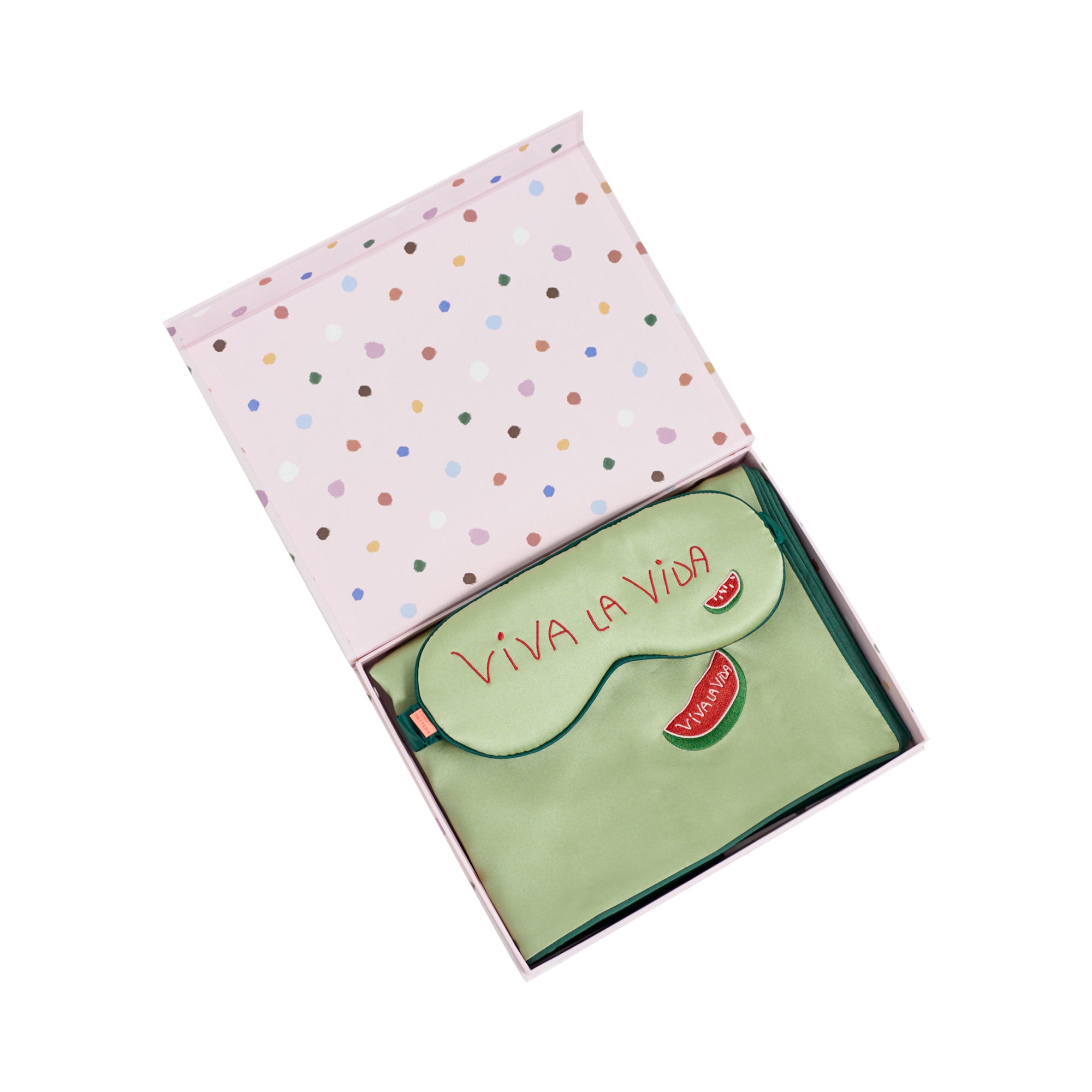 “Viva La Vida" 2 Piece Silk Gift Set: Silk Pillowcase & Silk Sleep Eye Mask - Green