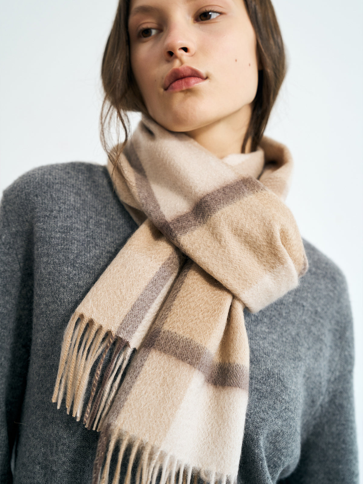 "Plaid" Cashmere Scarf - Coffee Cream - LOST PATTERN Cashmere