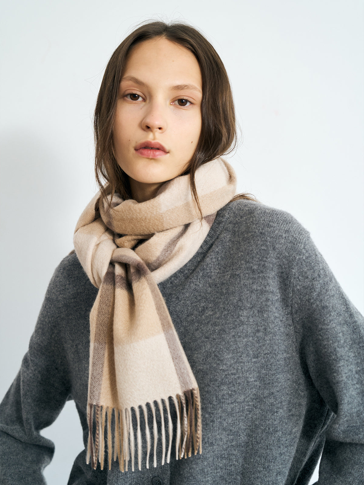 "Plaid" Cashmere Scarf - Coffee Cream - LOST PATTERN Cashmere