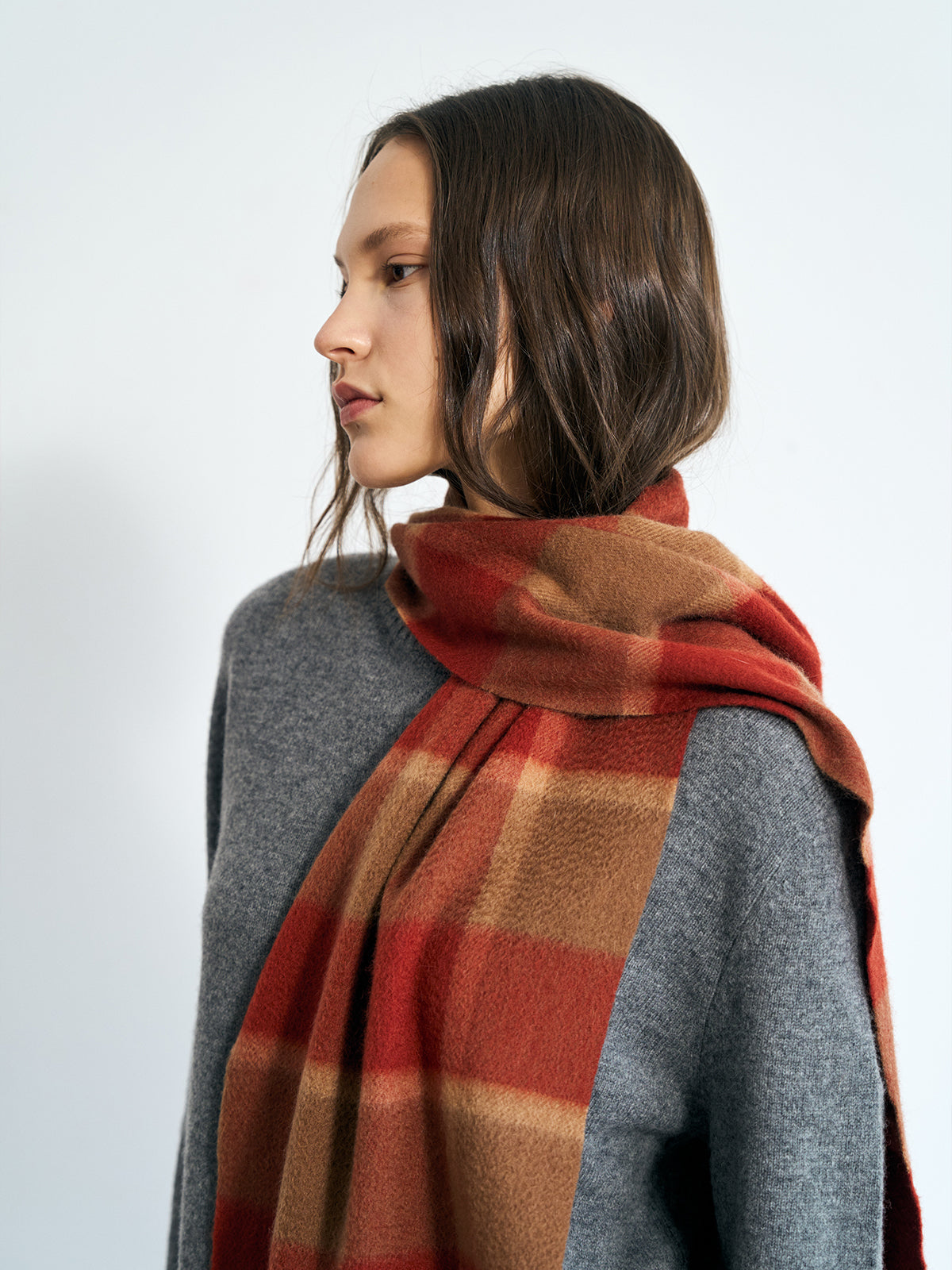 "Plaid" Cashmere Scarf - Brick Red - LOST PATTERN Cashmere