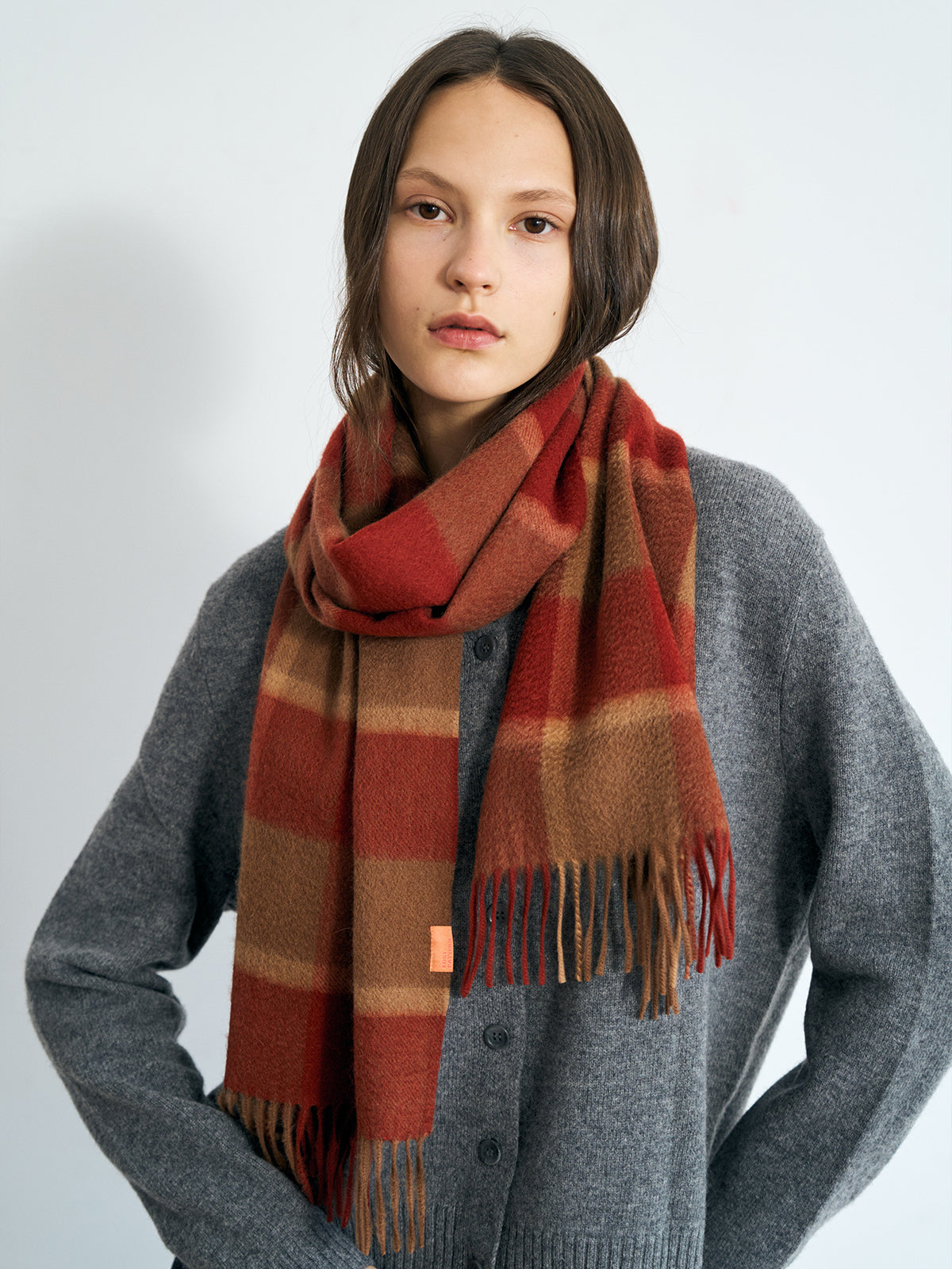 "Plaid" Cashmere Scarf - Brick Red - LOST PATTERN Cashmere