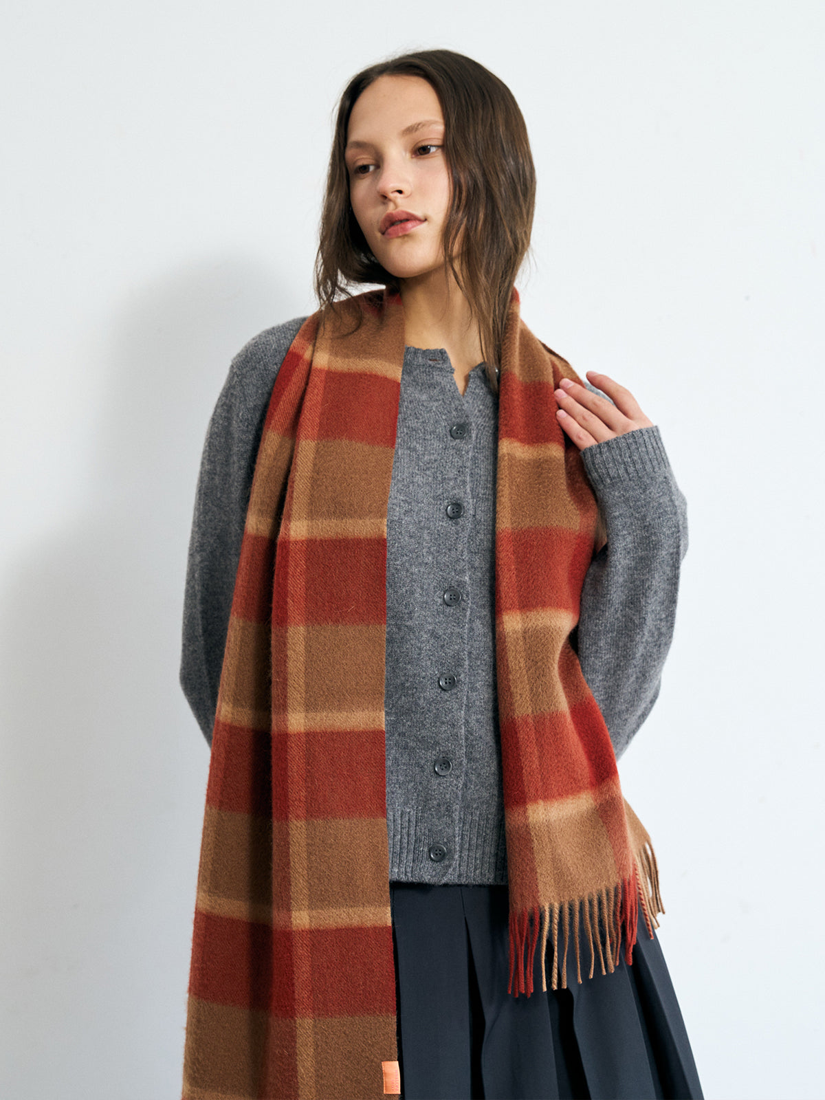 "Plaid" Cashmere Scarf - Brick Red - LOST PATTERN Cashmere