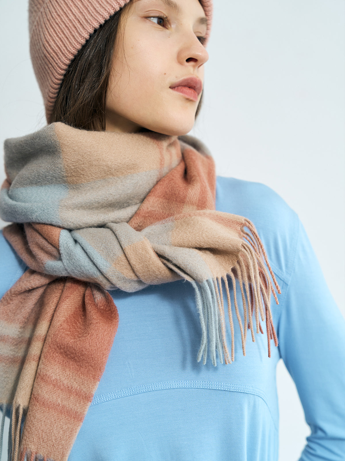 "Plaid" Cashmere Scarf - Pink & Blue - LOST PATTERN Cashmere