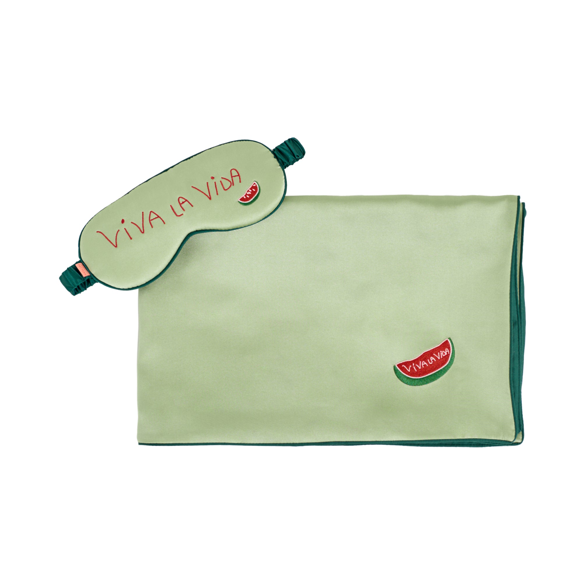 “Viva La Vida" 2 Piece Silk Gift Set: Silk Pillowcase & Silk Sleep Eye Mask - Green