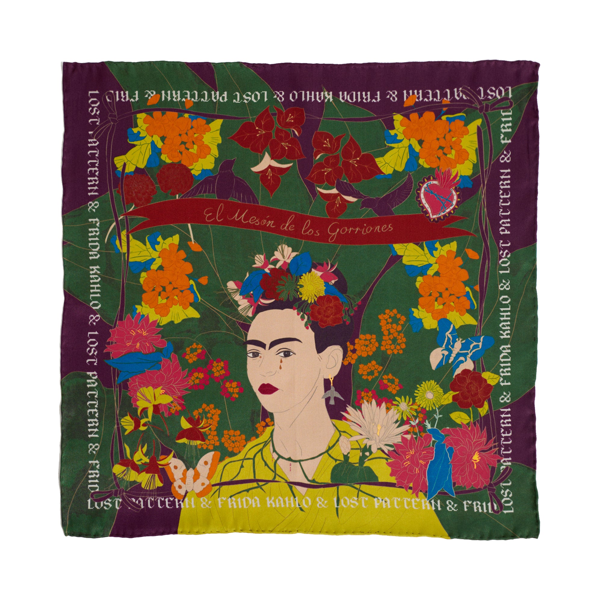 "Los Amores de Frida" Silk Pocket Square - Dark Green - Dark Green - LOST PATTERN Silk Pocket Square